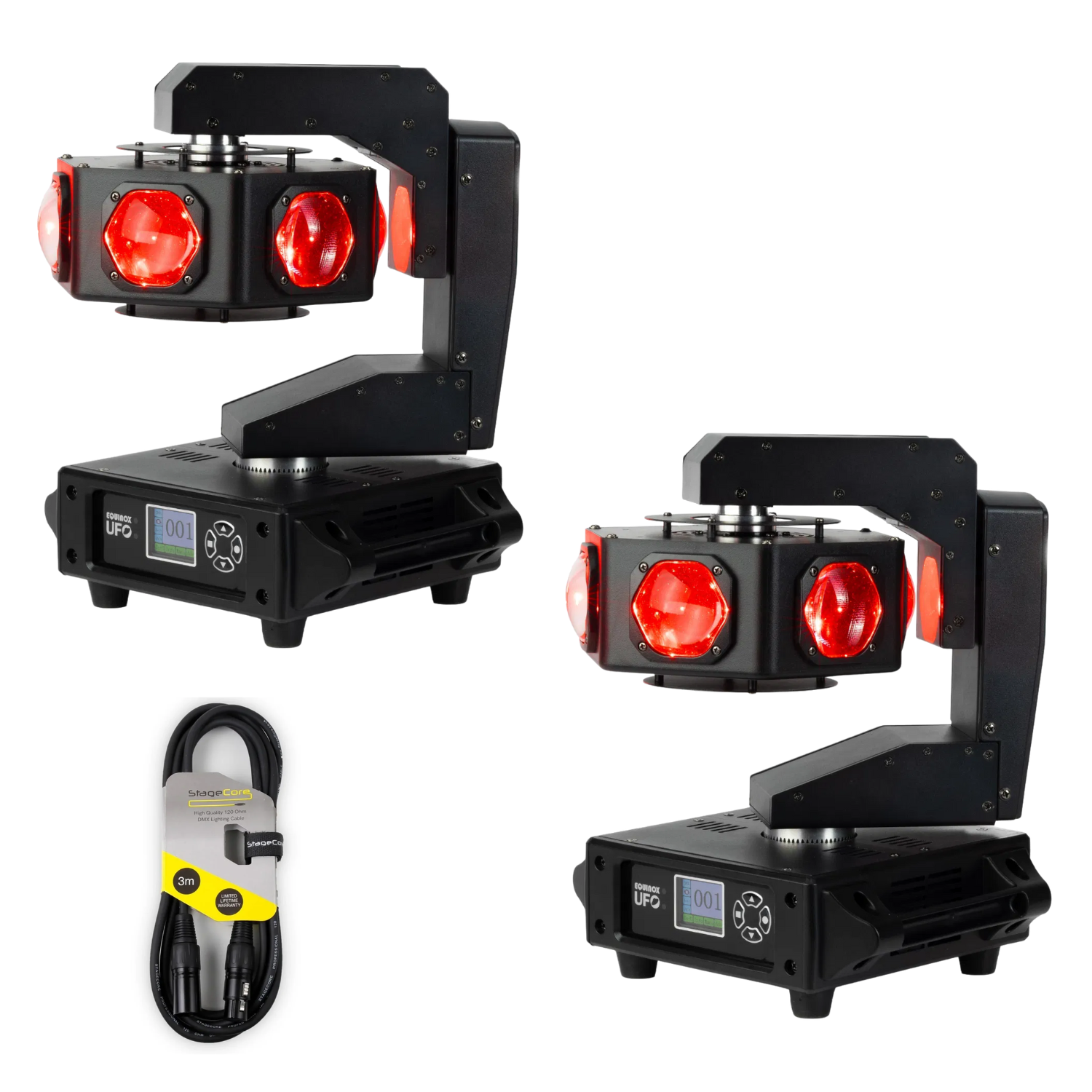 Two Equinox UFO 6 x 40W RGBW LED multi beam moving heads with DMX cable
