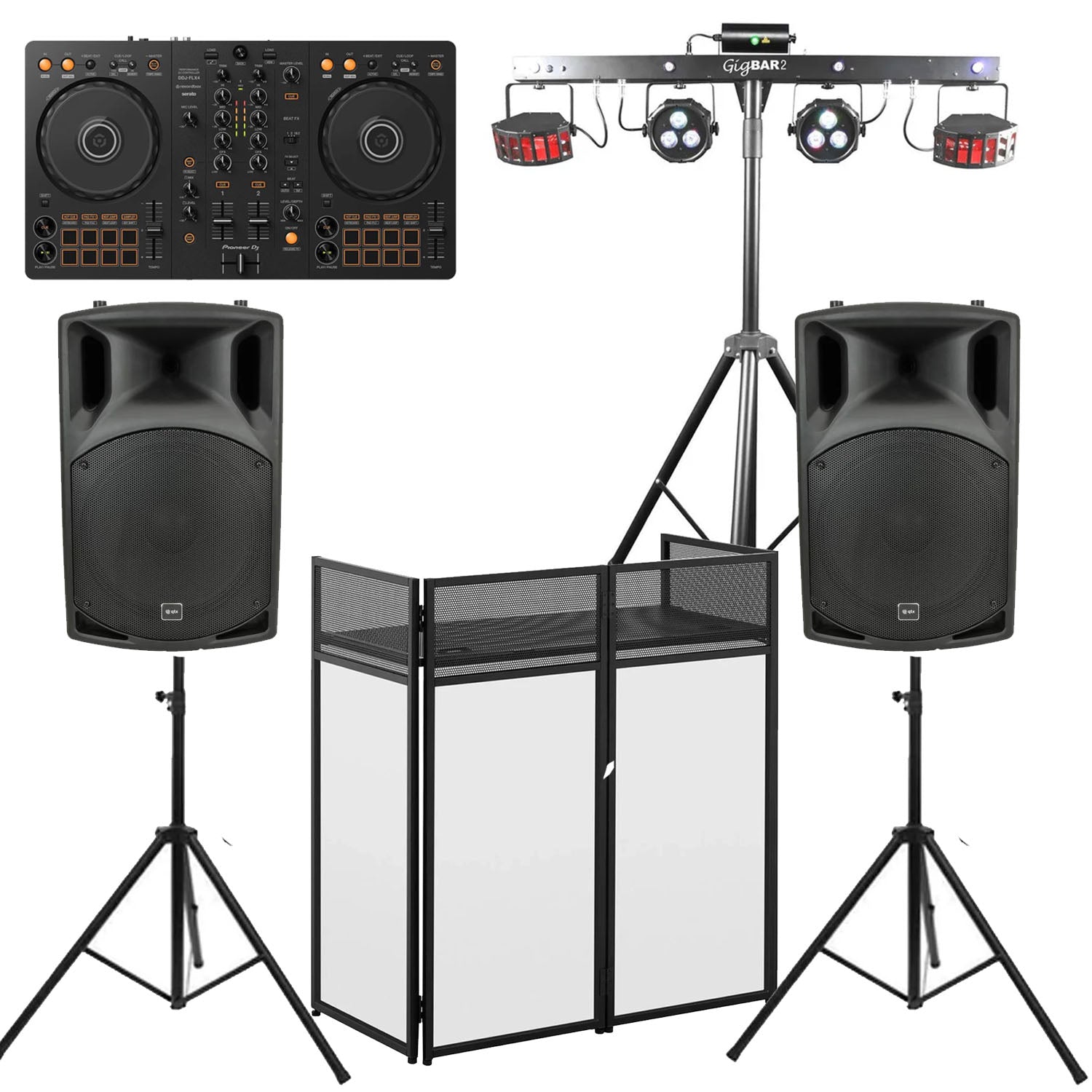 Ultimax DJ Combi Booth and Chauvet DJ Gig Bar 2.0, QTX QX12A Active Speakers and DDJ-FLX4 Bundle
