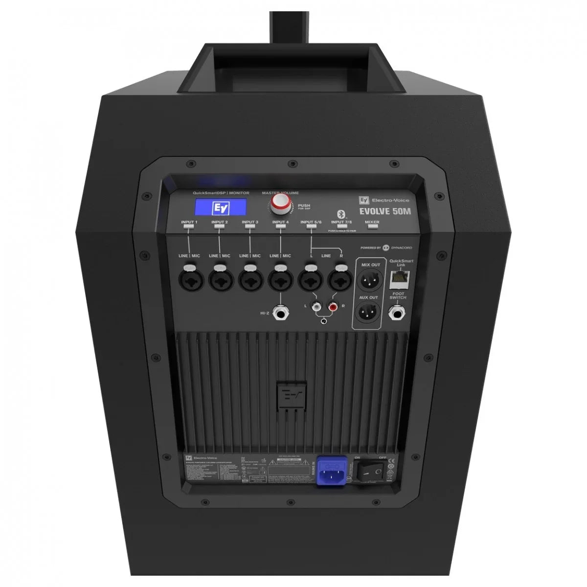 Electro-Voice Evolve 50M column PA system fully set up with subwoofer and audio components