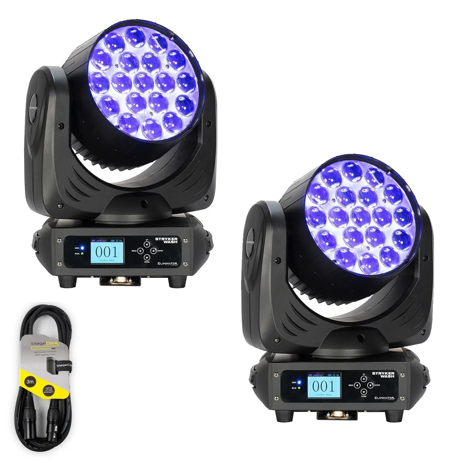 2 x Eliminator Stryker Wash 19 x 12w RGBW LED Moving Head with DMX Cable