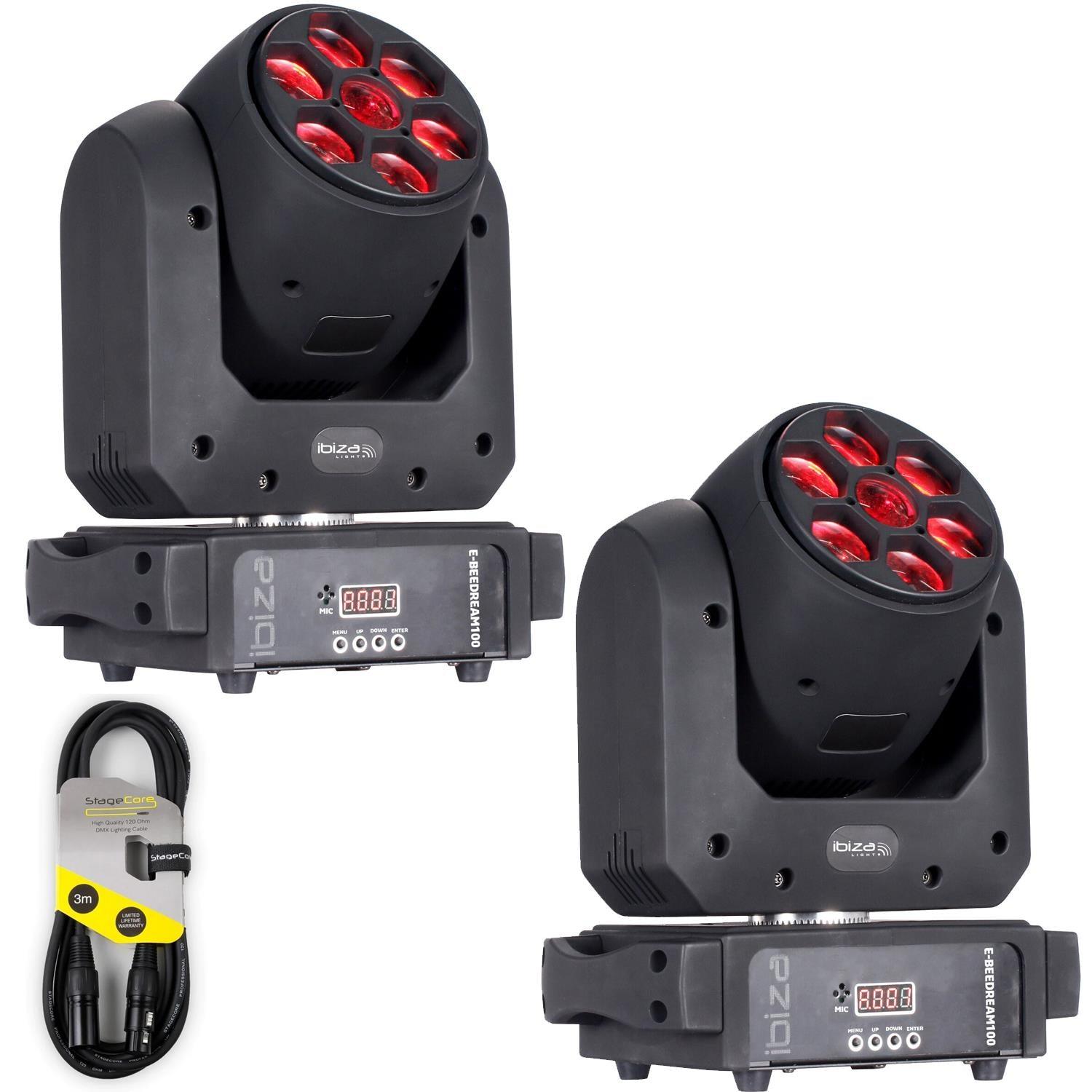 2 x Ibiza E-BEEDREAM100 100w LED Spot + 6 x 10w B-Eye Moving Head with DMX Cable - DY Pro Audio