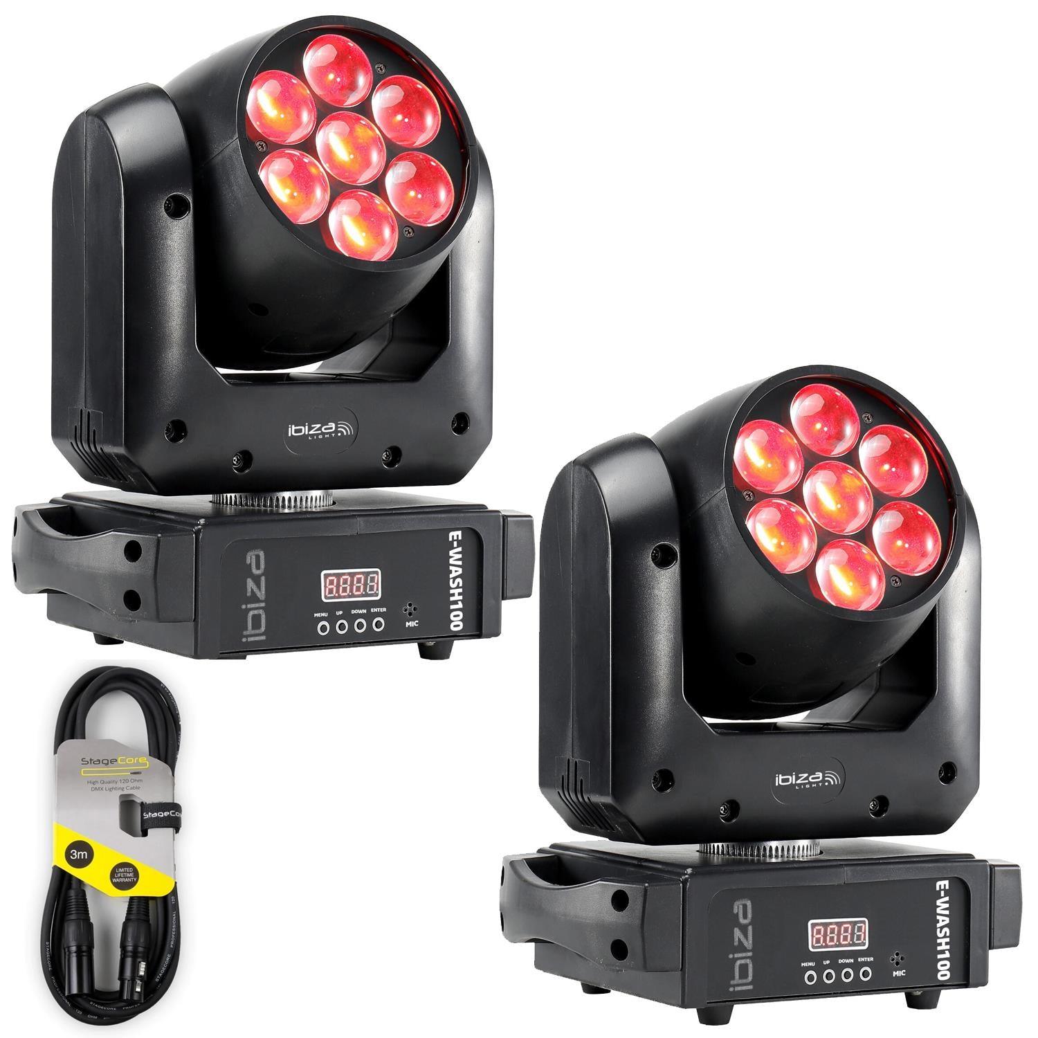 2 x Ibiza E-WASH100 7 x 15w RGBW Zoom & Wash Moving Head with DMX Cable - DY Pro Audio