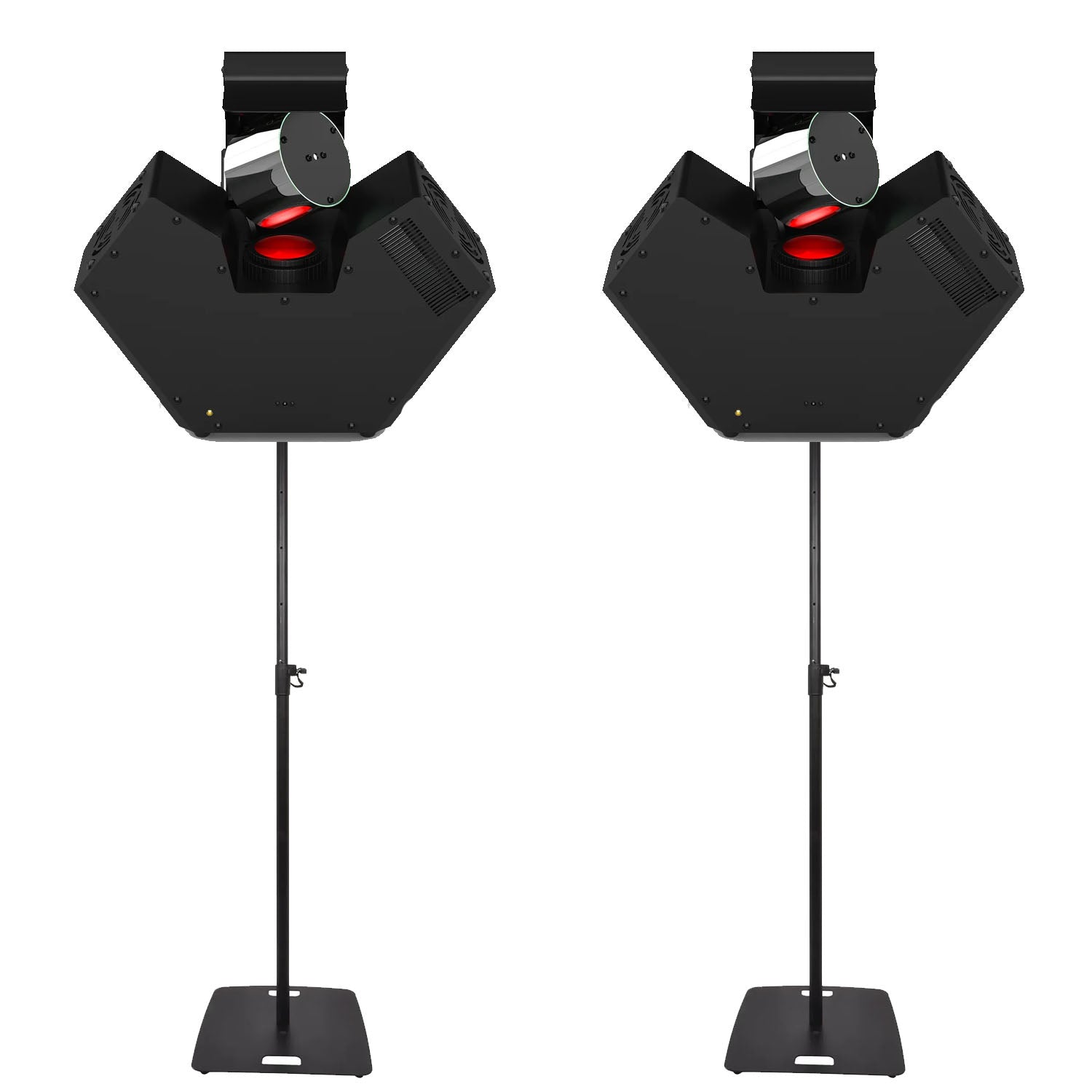Pair of Chauvet DJ Blazors 115W barrel effect lights with square base stands for dynamic DJ and event lighting.