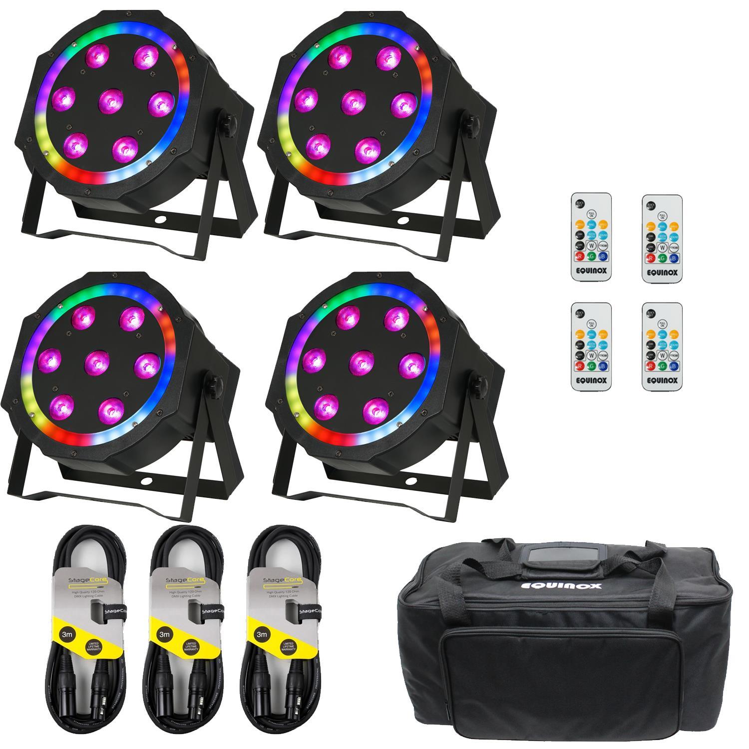 4 X Equinox Eclipse Slim Profile Par Can with DMX Cable and Carry Bag Bundle - DY Pro Audio