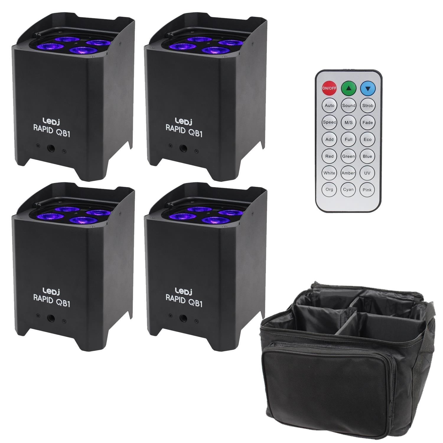 4 x LEDJ Rapid QB1 RGBW Battery LED Par with Carry Bag & Remote Control - DY Pro Audio