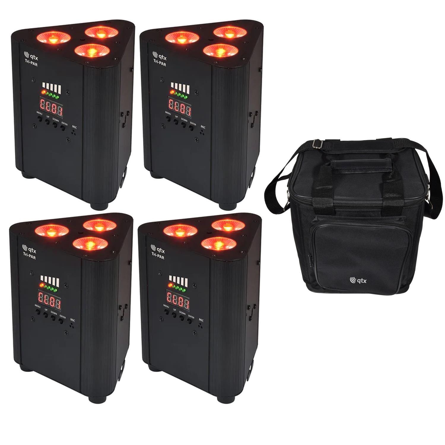 4 x QTX Tri-Par RGBW Rechargeable Battery Triple Par Can Uplighter with Carry Bag - DY Pro Audio