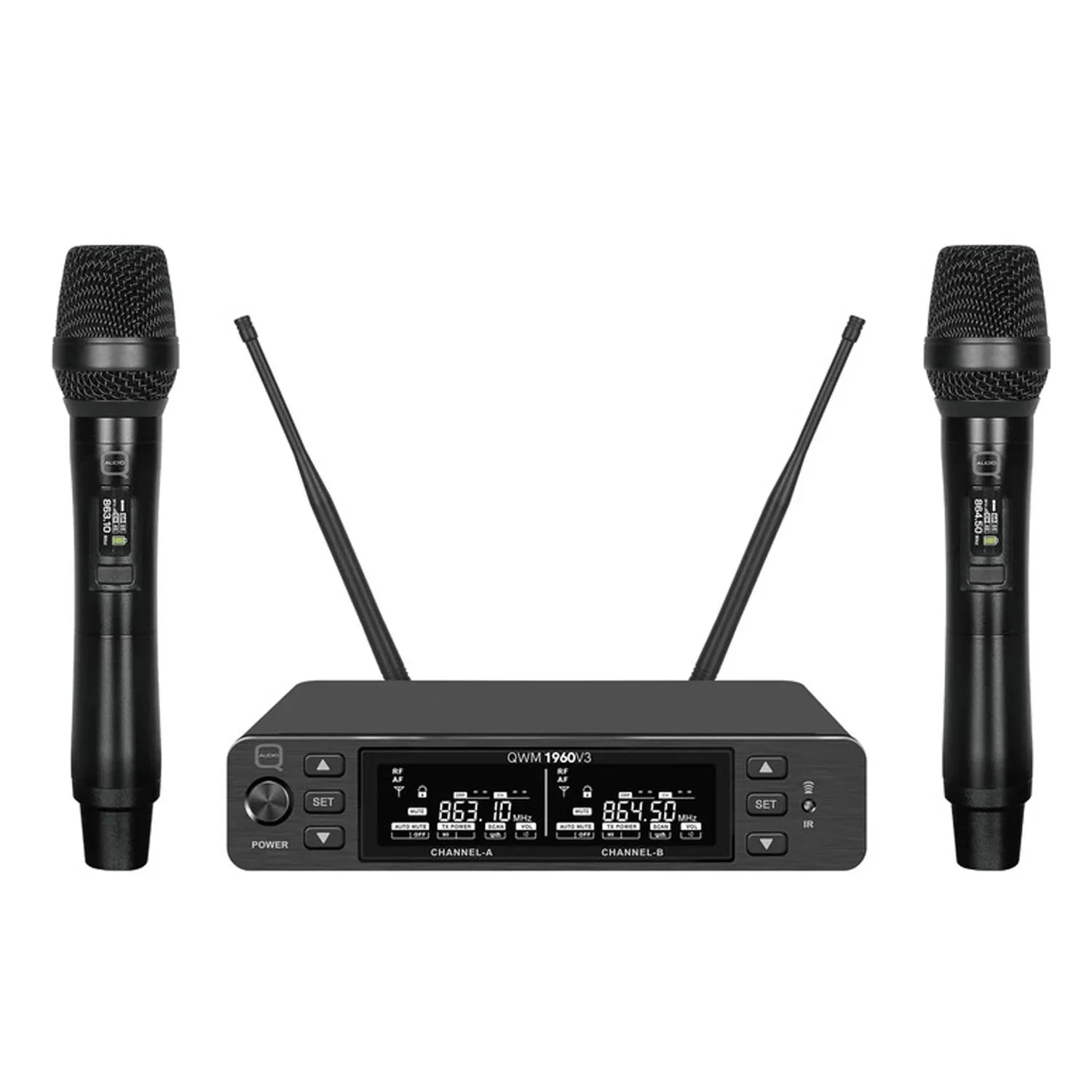 Q-Audio QWM1960 v3 dual UHF mic bundle in protective flight case