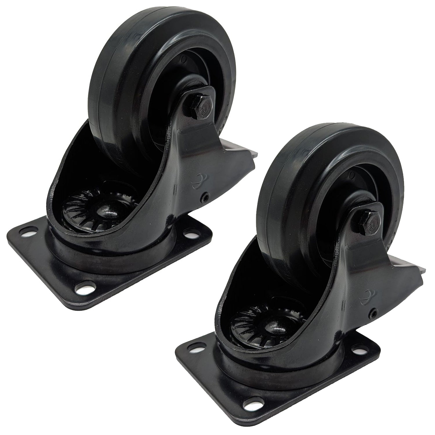 2 x Penn Elcom 100mm Black Braked Swivel Castor with Rubber Black Wheel