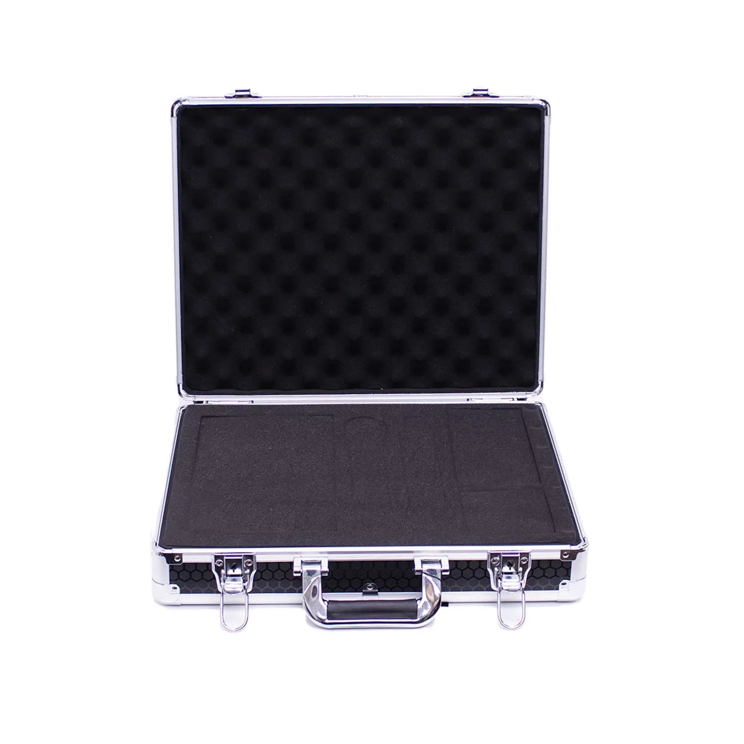 Protective audio equipment case with cut-out foam for wireless mic storage