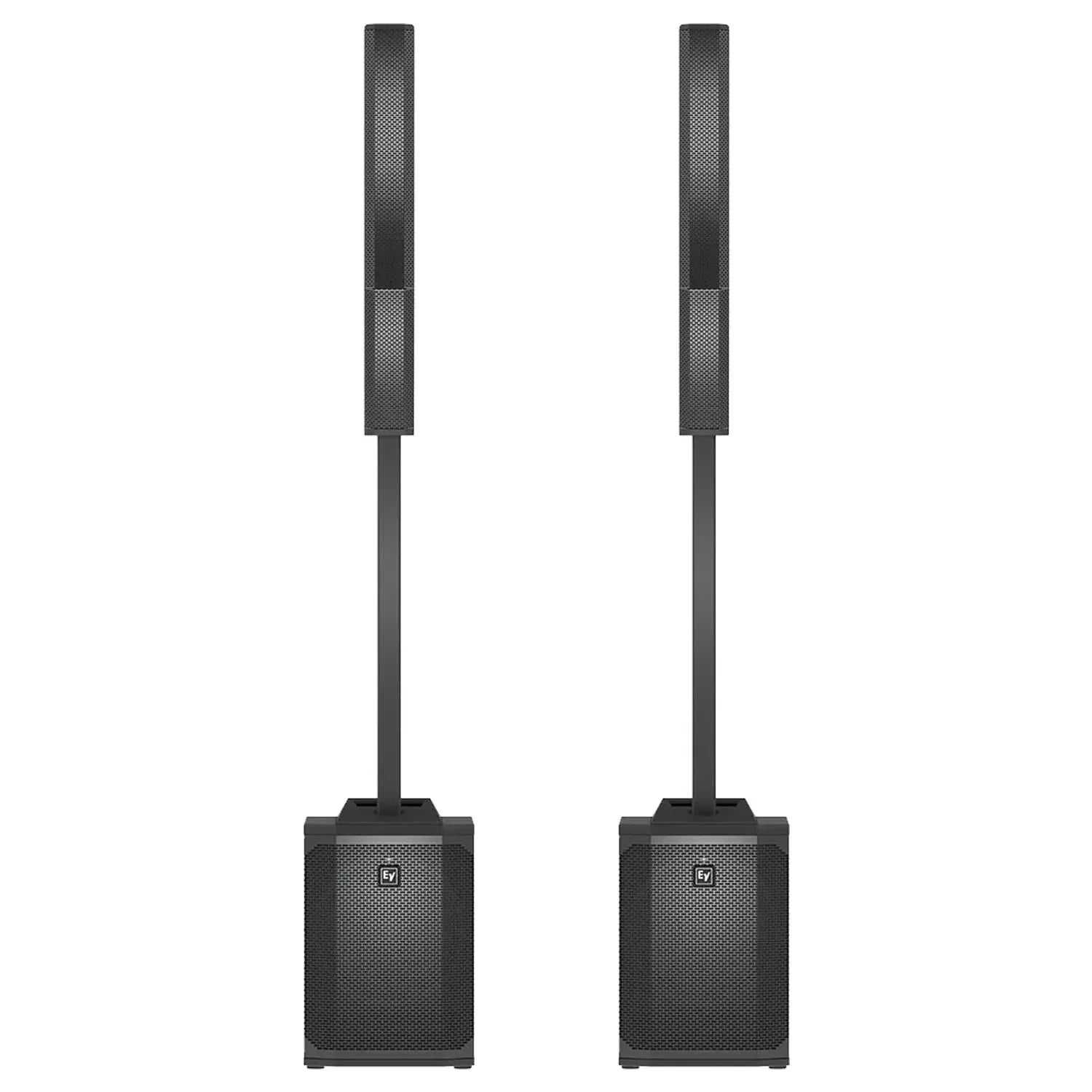 Front view of two Electro-Voice Evolve 50M black column PA systems side by side