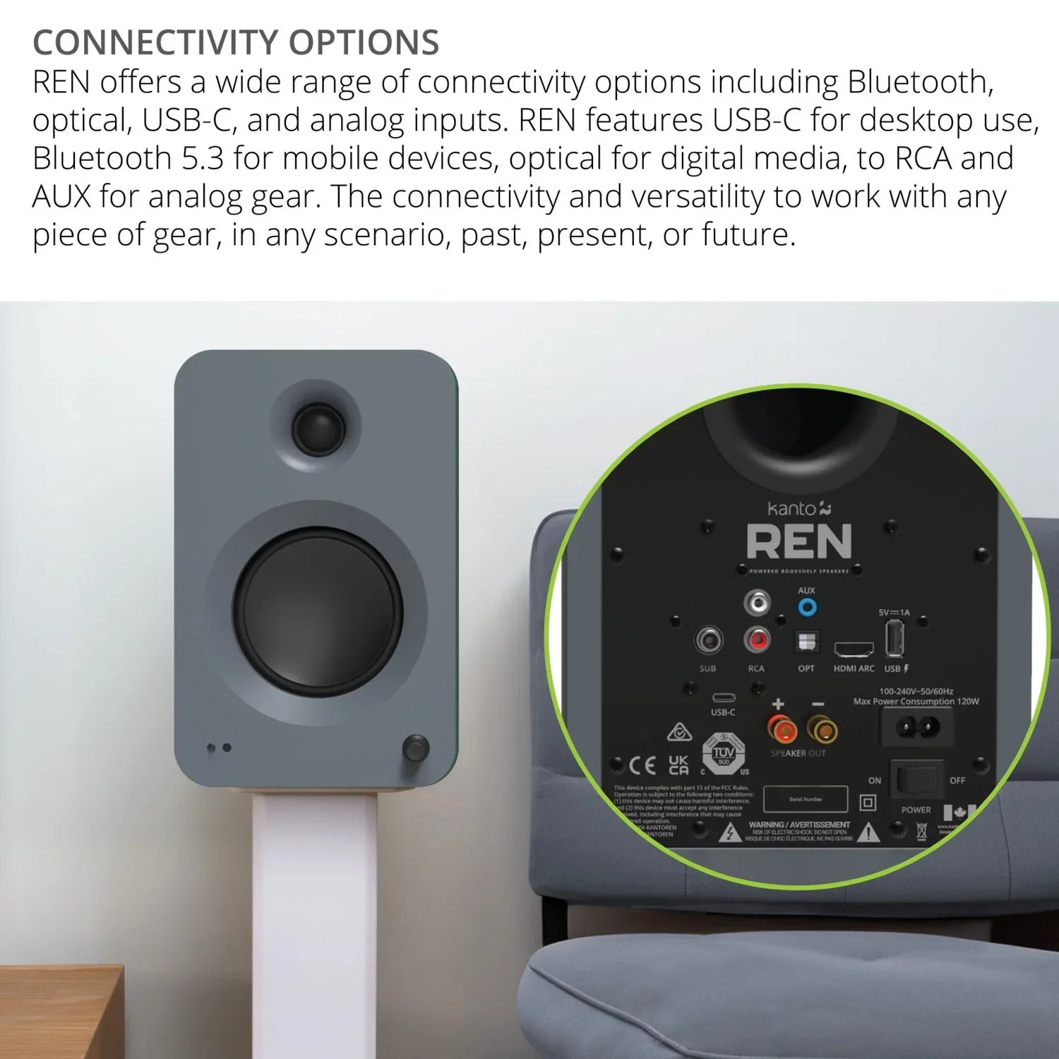 Kanto REN 200W Powered Bookshelf Speakers with HDMI ARC (Matte Grey)