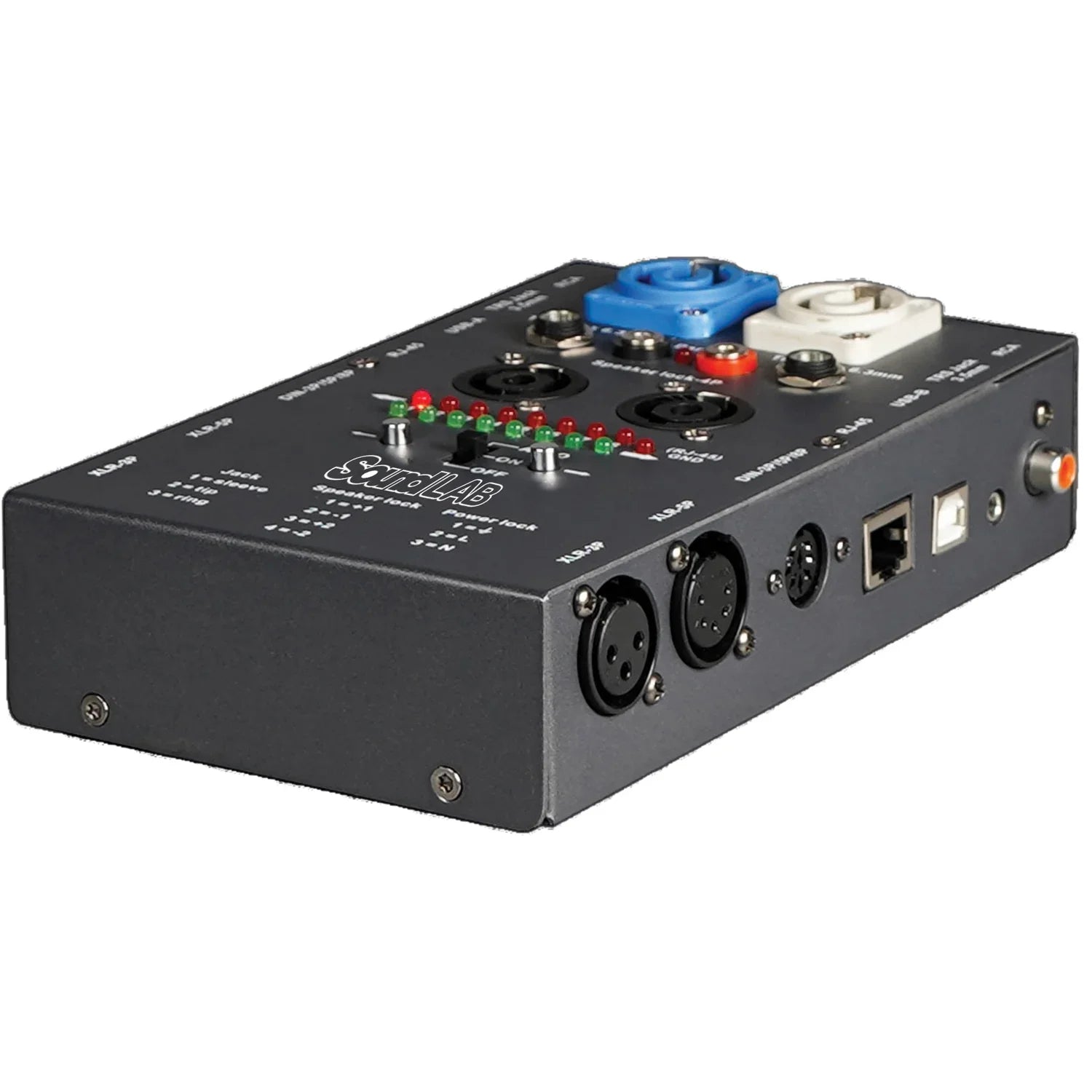 Front panel of Soundlab cable tester with labeled input/output connections and status LEDs