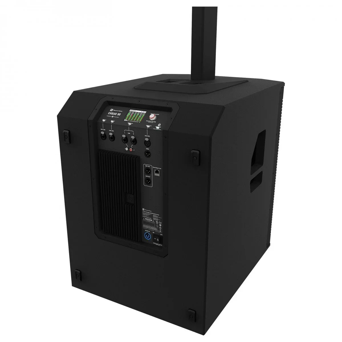 Electro-Voice Evolve 90 column PA system fully set up with subwoofer and professional audio equipment