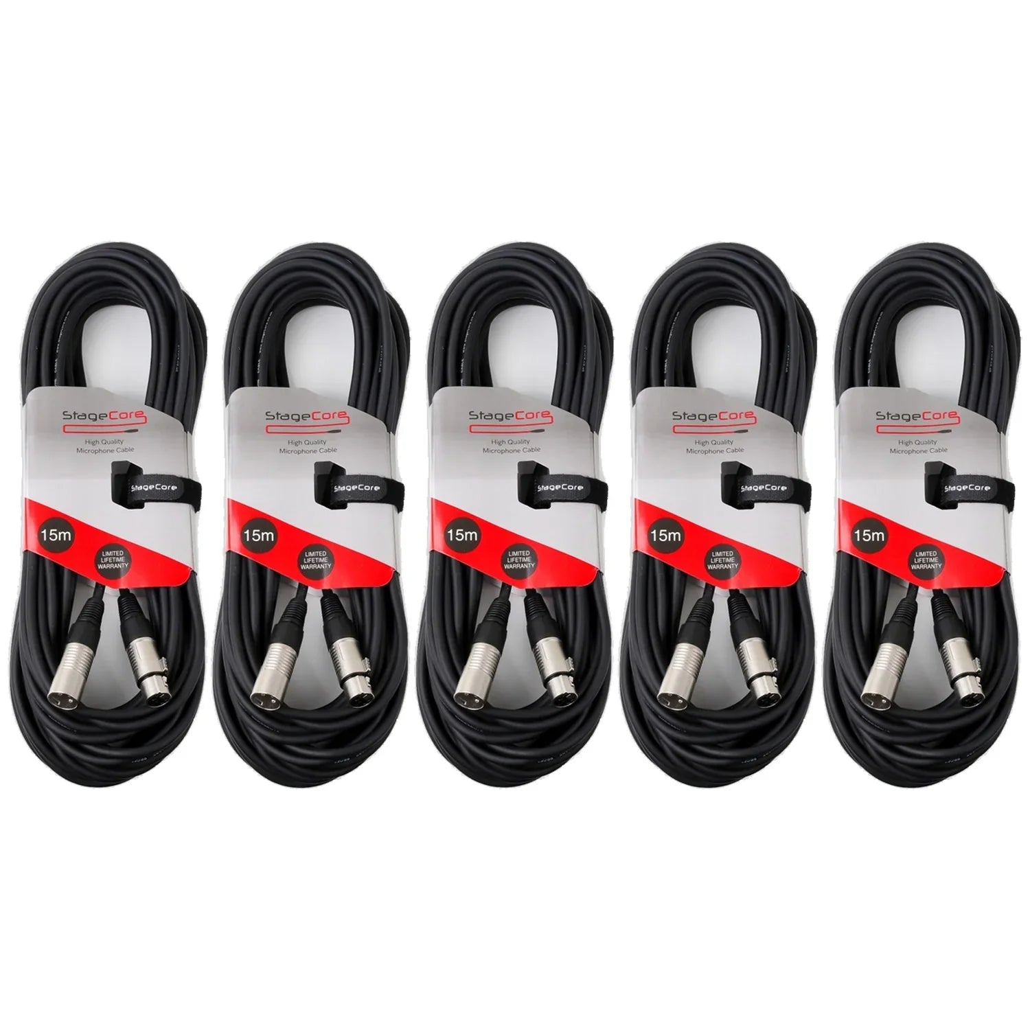 5 x Stagecore 15m Black XLR Microphone Cables