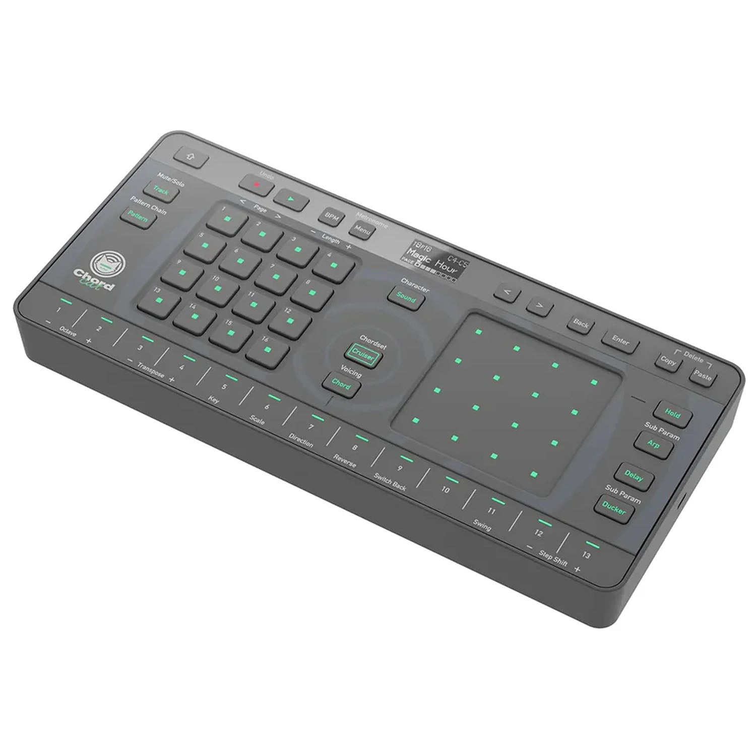 Compact AlphaTheta Chordcat beatmaker featuring 8-track sequencing