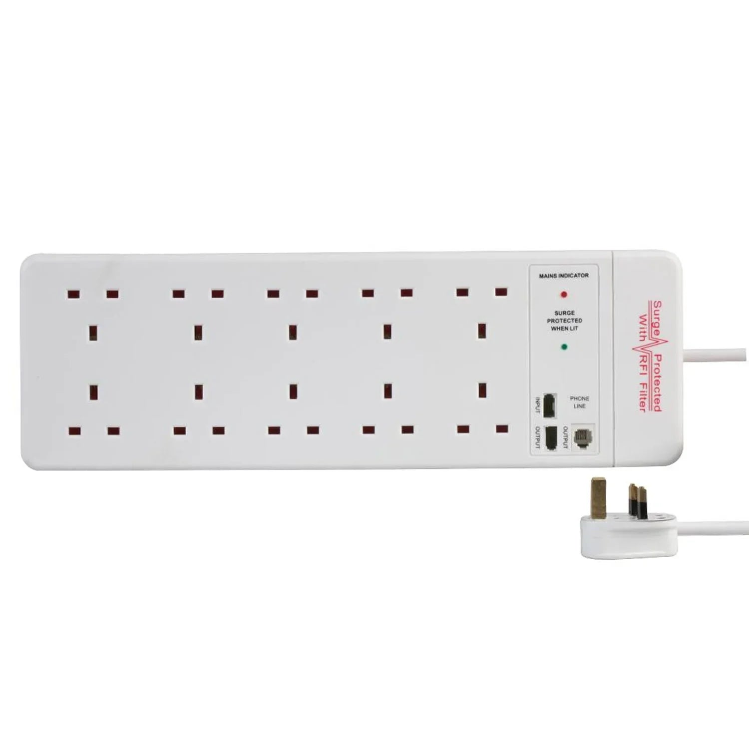 Pro Elec 10 Gang Surge Protected Extension Lead, 2m White