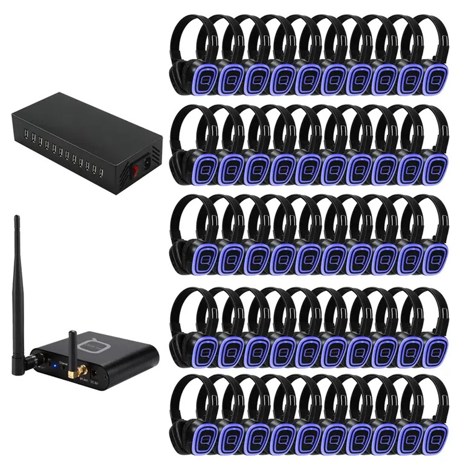 Q-Audio 50 Way Silent Disco Bundle With Bluetooth Transmitter & Charger