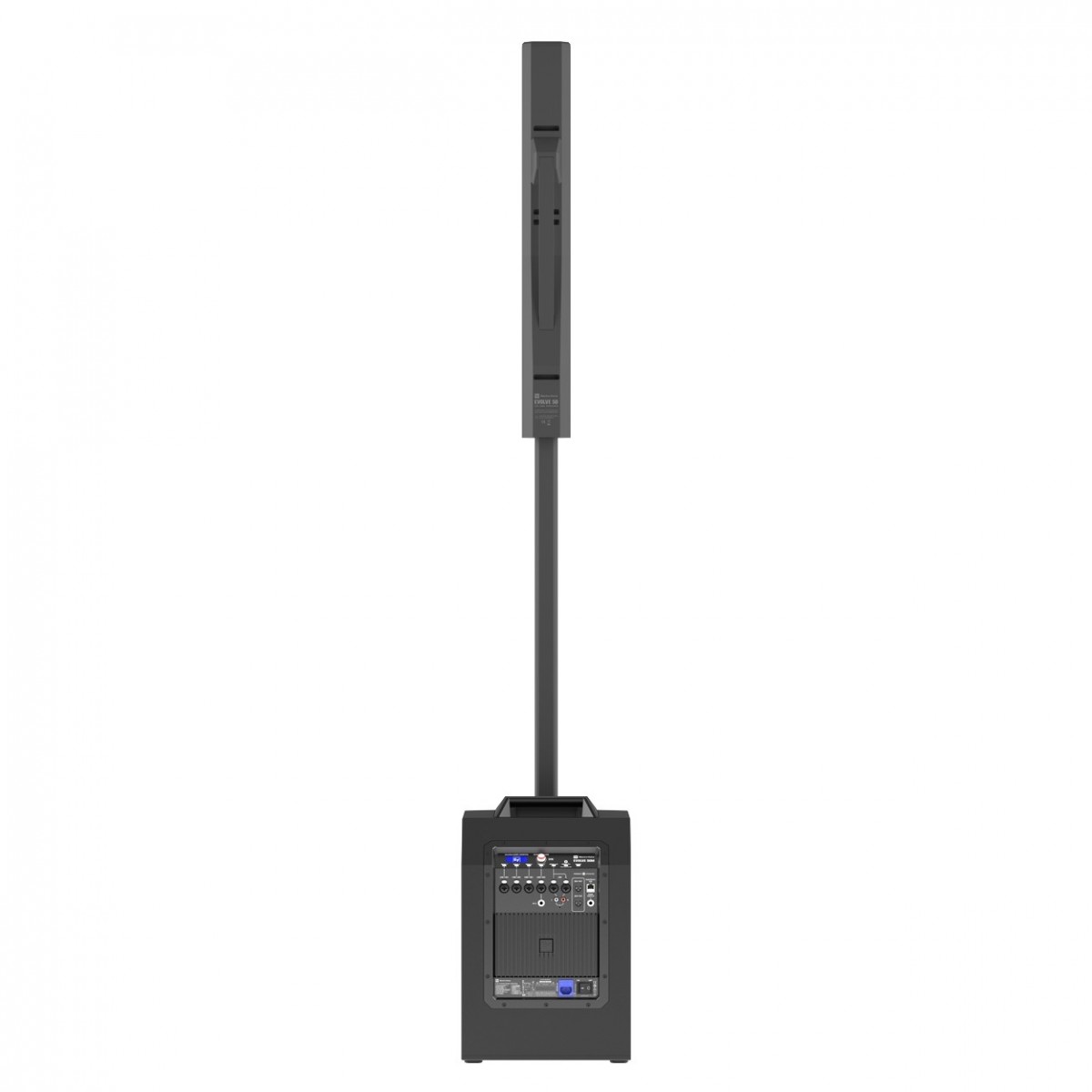 Back view of Electro-Voice Evolve 50M column PA system with input/output connections and controls