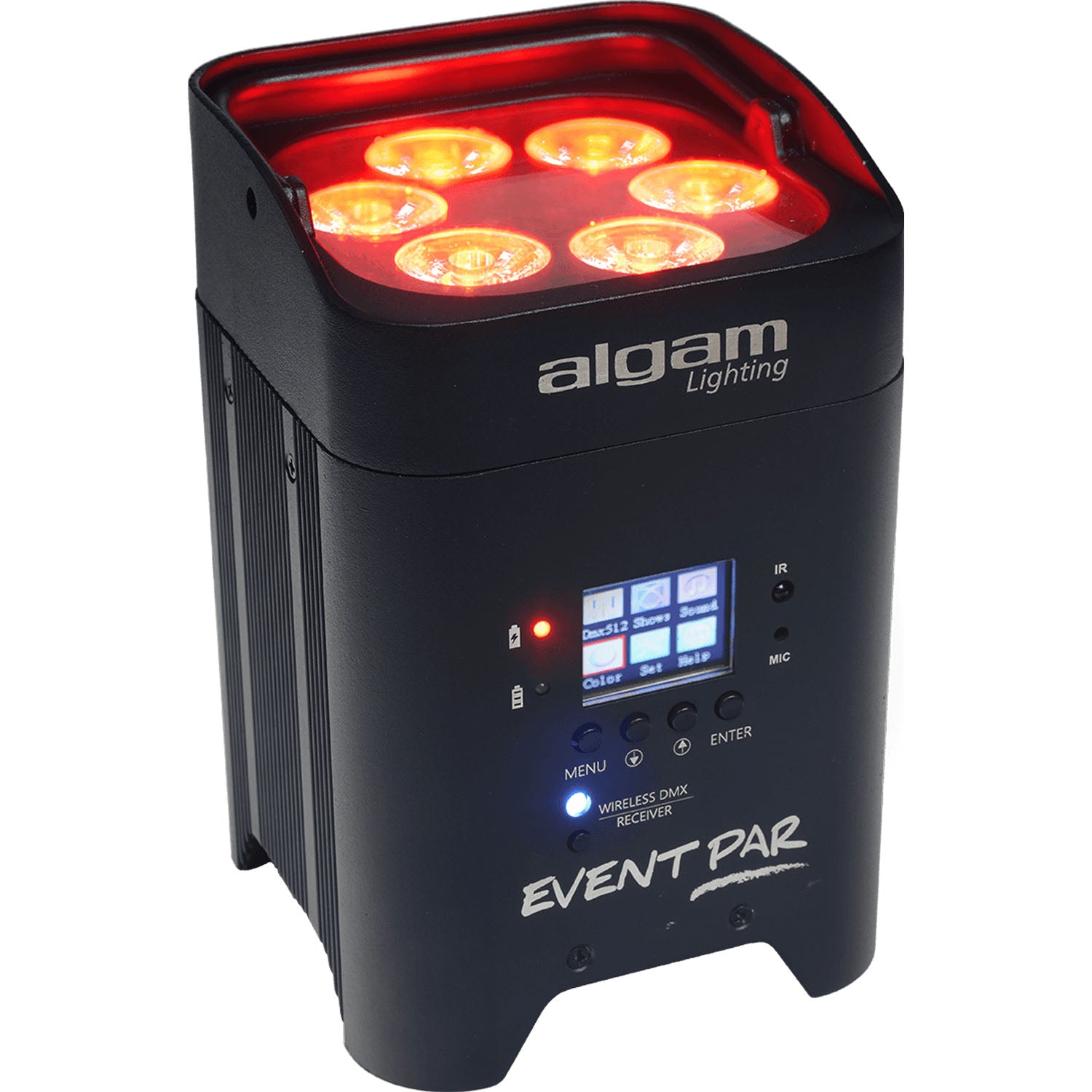 Algam Lighting 6x12W RGBWAUV LED Battery Par Can Uplighter with wireless battery power and vibrant colour mixing for stage and event lighting.