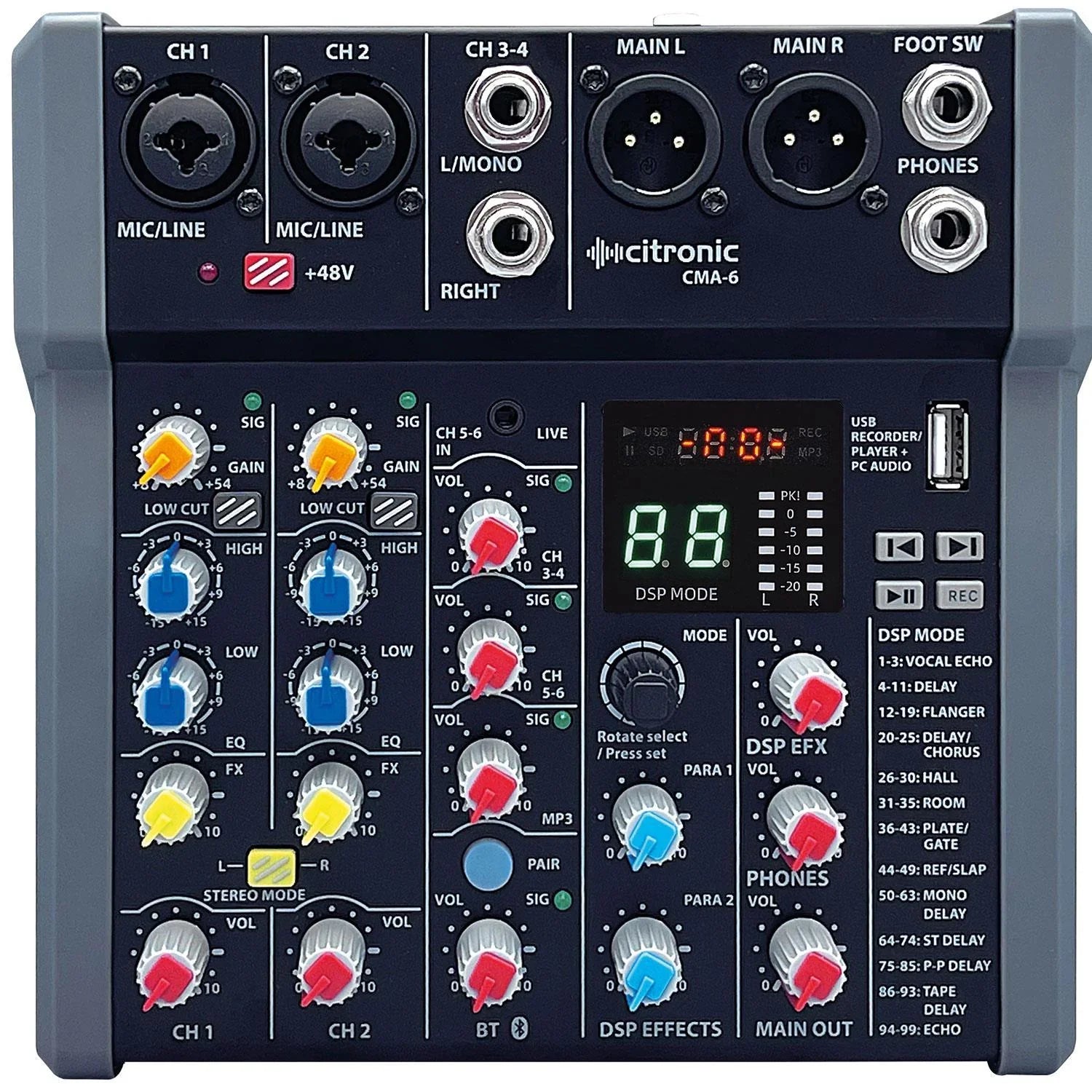 Citronic CMA-6 Compact Mixer with DSP FX and BT/USB - DY Pro Audio