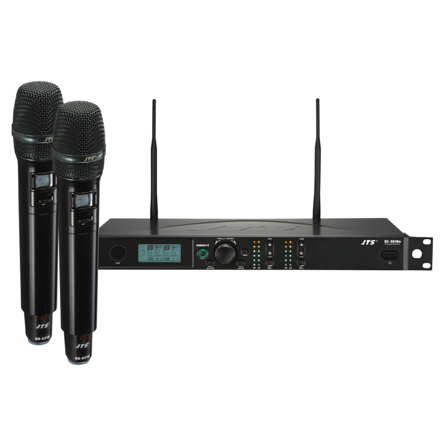 JTS RU-901G3Du receiver with two RU-G3TH UHF handheld wireless microphones