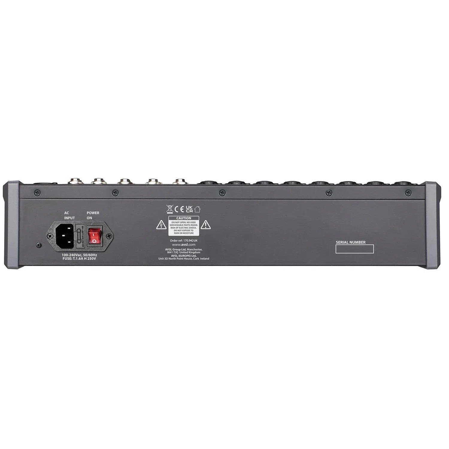 Rear panel of Citronic CMC-16 16-channel mixer showing XLR, line, and output connections