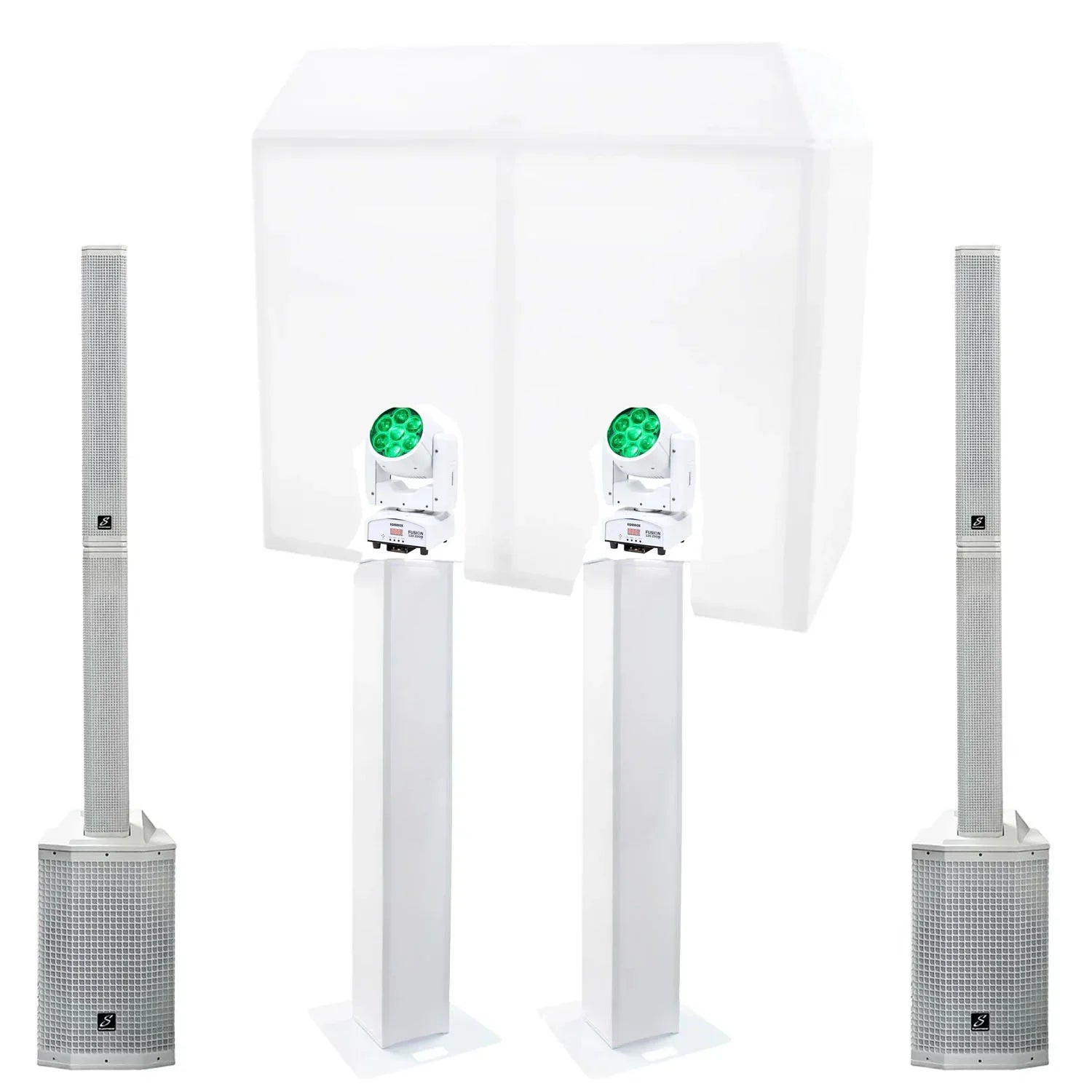 Mobile Wedding DJ Setup White DJ Booth Pro, Direct 121MX, 1.5M Plinths, Fusion 120 Zoom Moving Heads