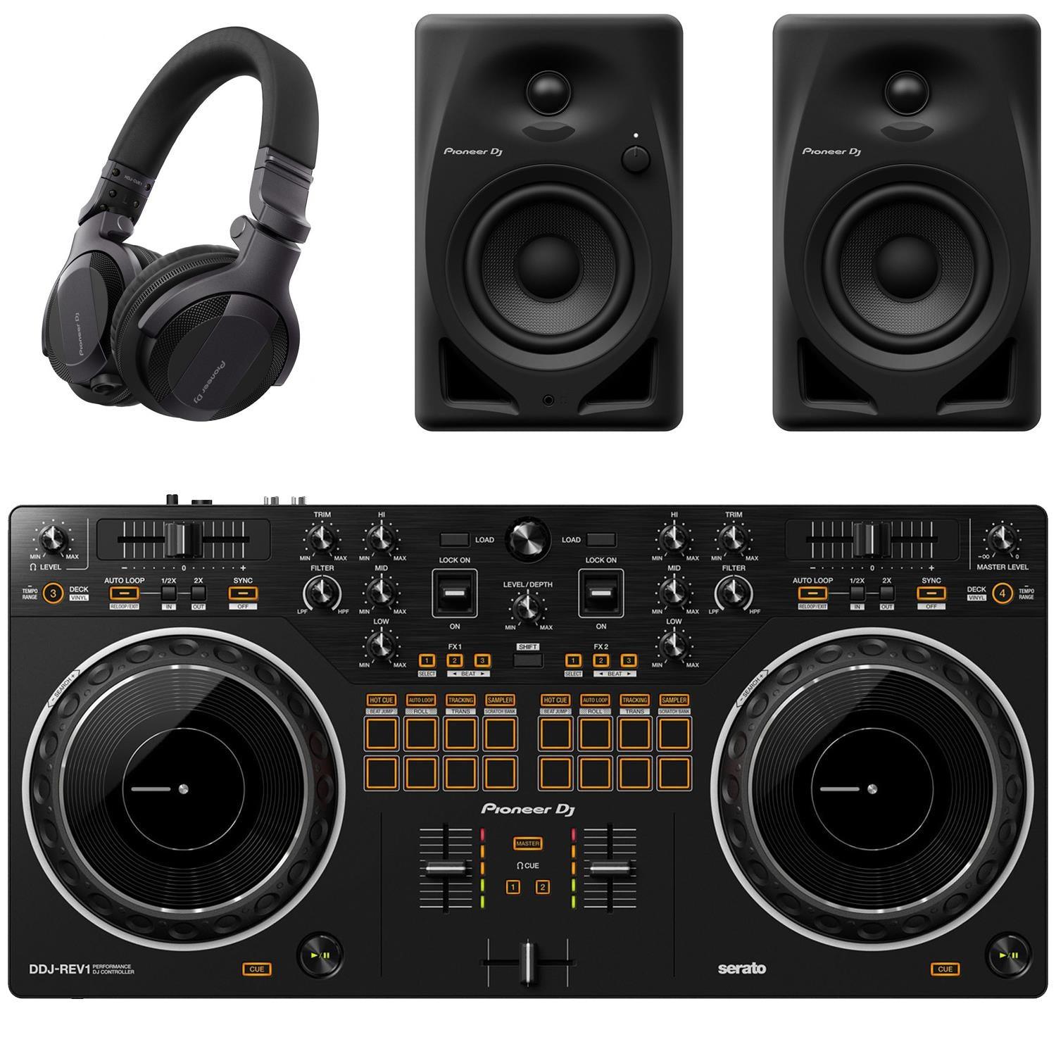 Pioneer DDJ-REV1 2 Channel DJ Controller with DM-40D and HDJ-CUE1 Headphones - DY Pro Audio