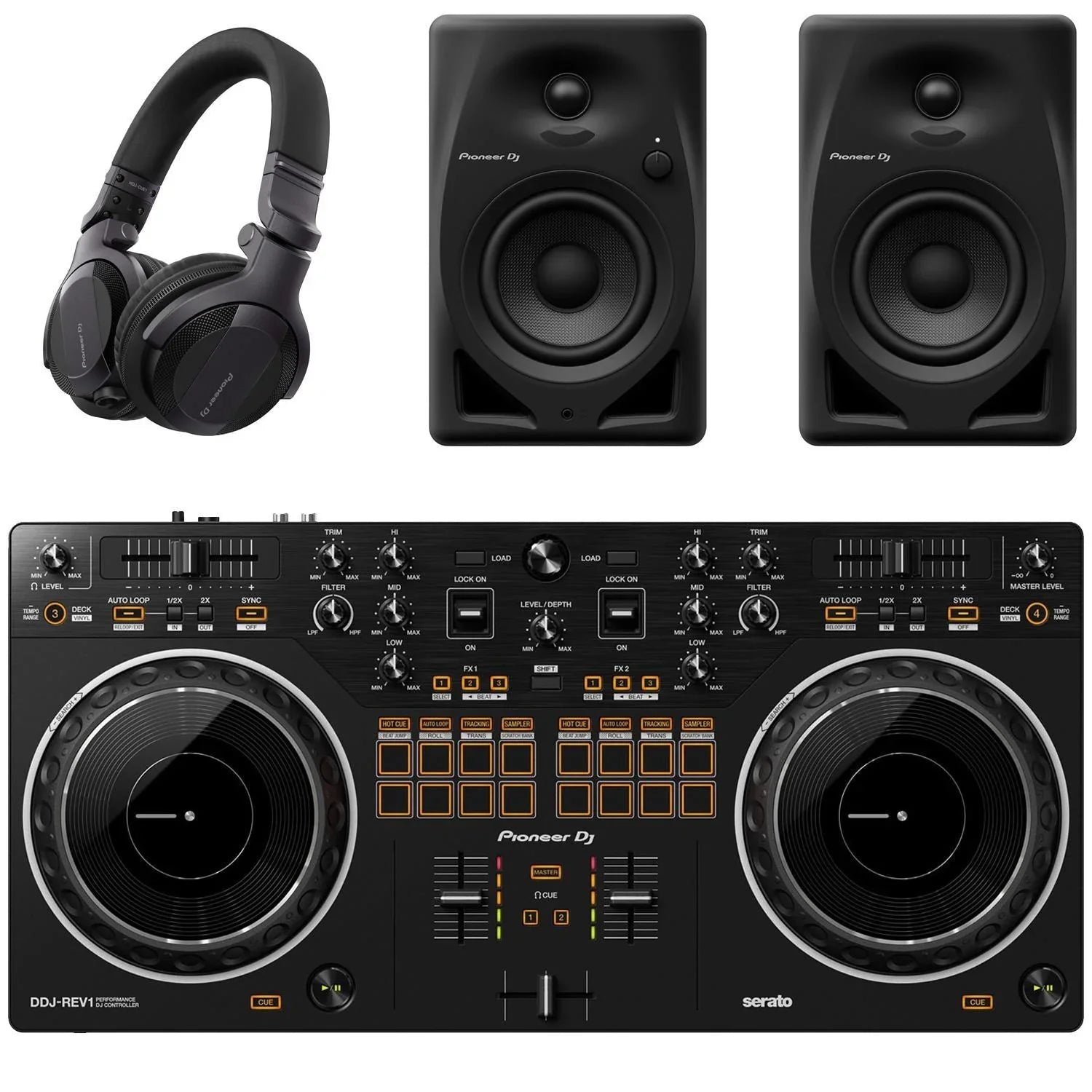 Pioneer DDJ-REV1 2 Channel DJ Controller with DM-40D and HDJ-CUE1 Headphones - DY Pro Audio