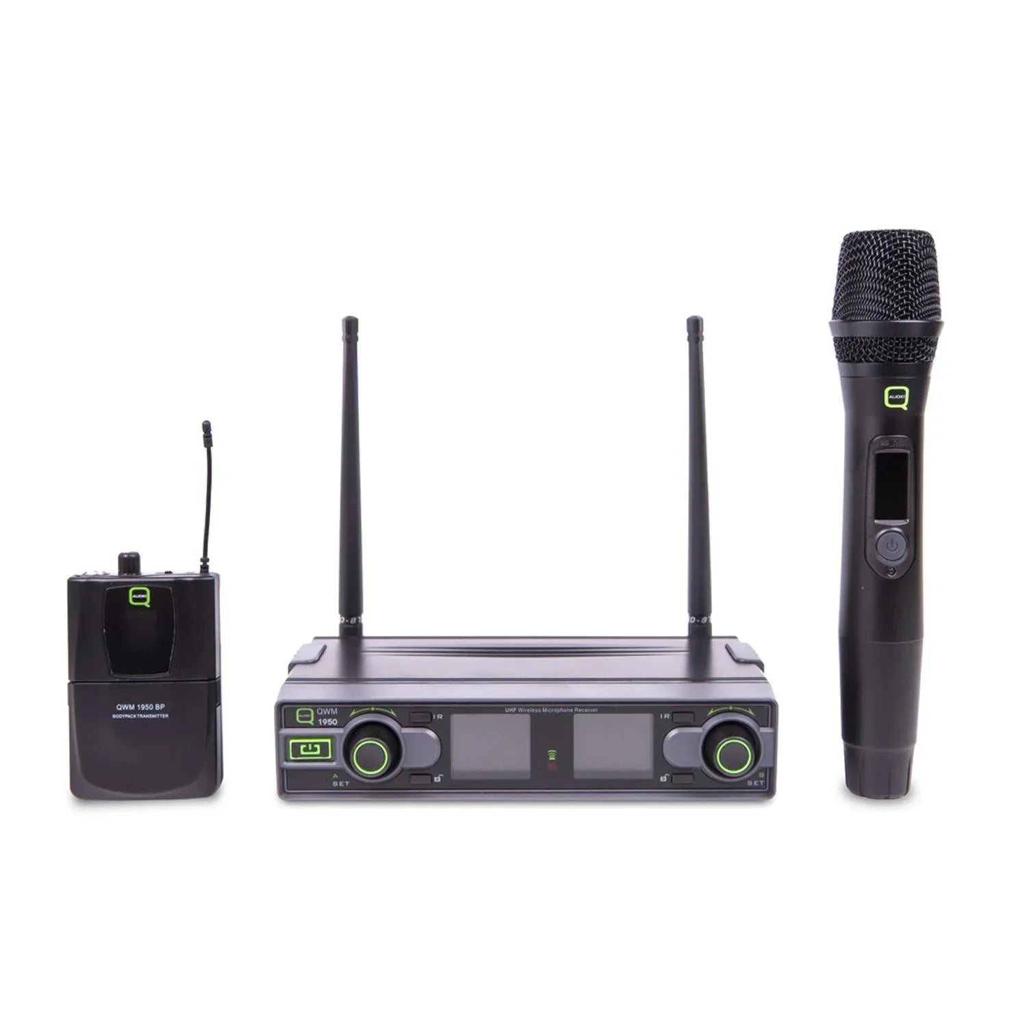 Q-Audio QWM 1950 HH+BP UHF Dual Channel Antenna Diversity Handheld + Beltpack Wireless System (606.5-613.5 MHz) - DY Pro Audio