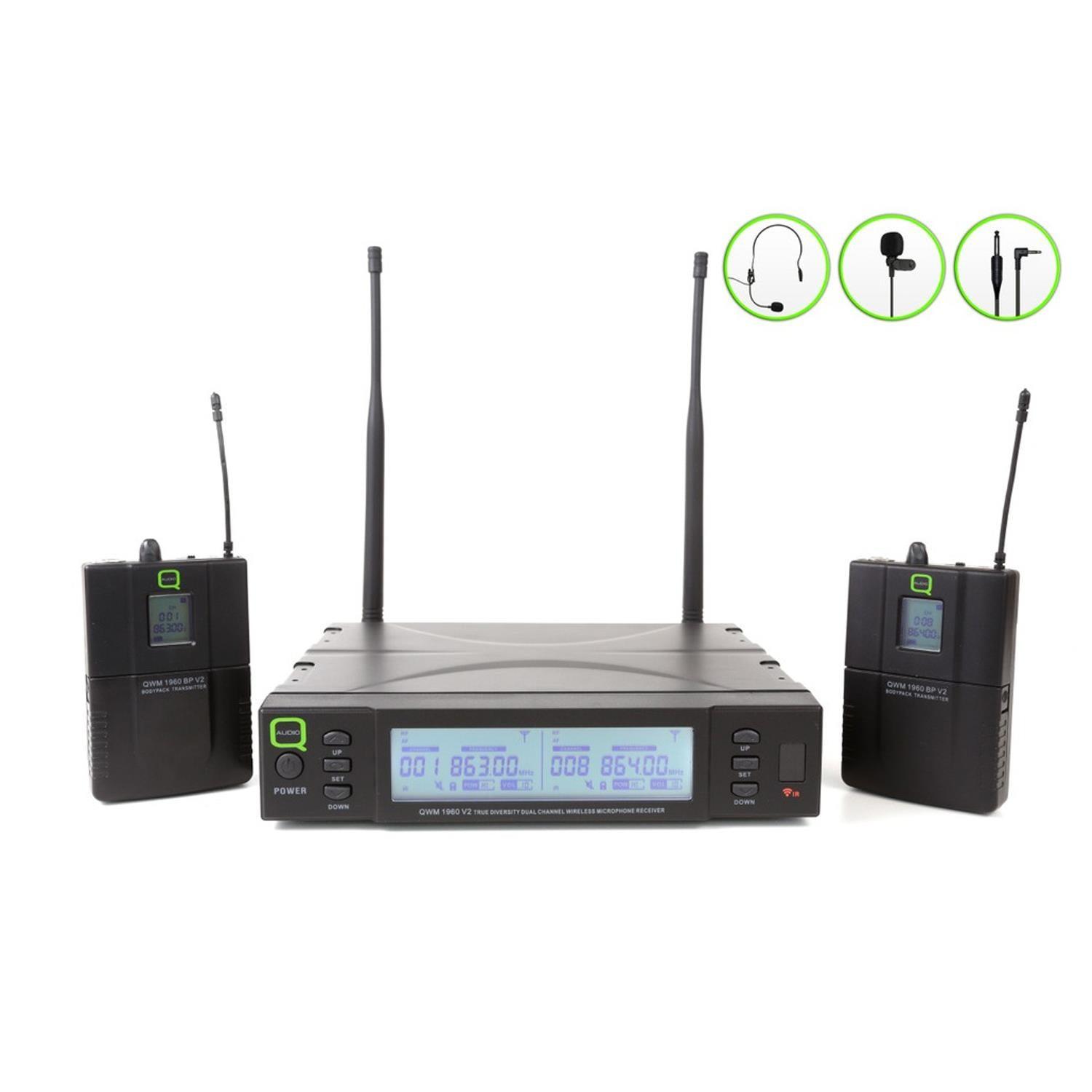 Q-Audio QWM1960 BP Dual UHF Wireless Bodypack Microphone System (606-614 MHz) - DY Pro Audio