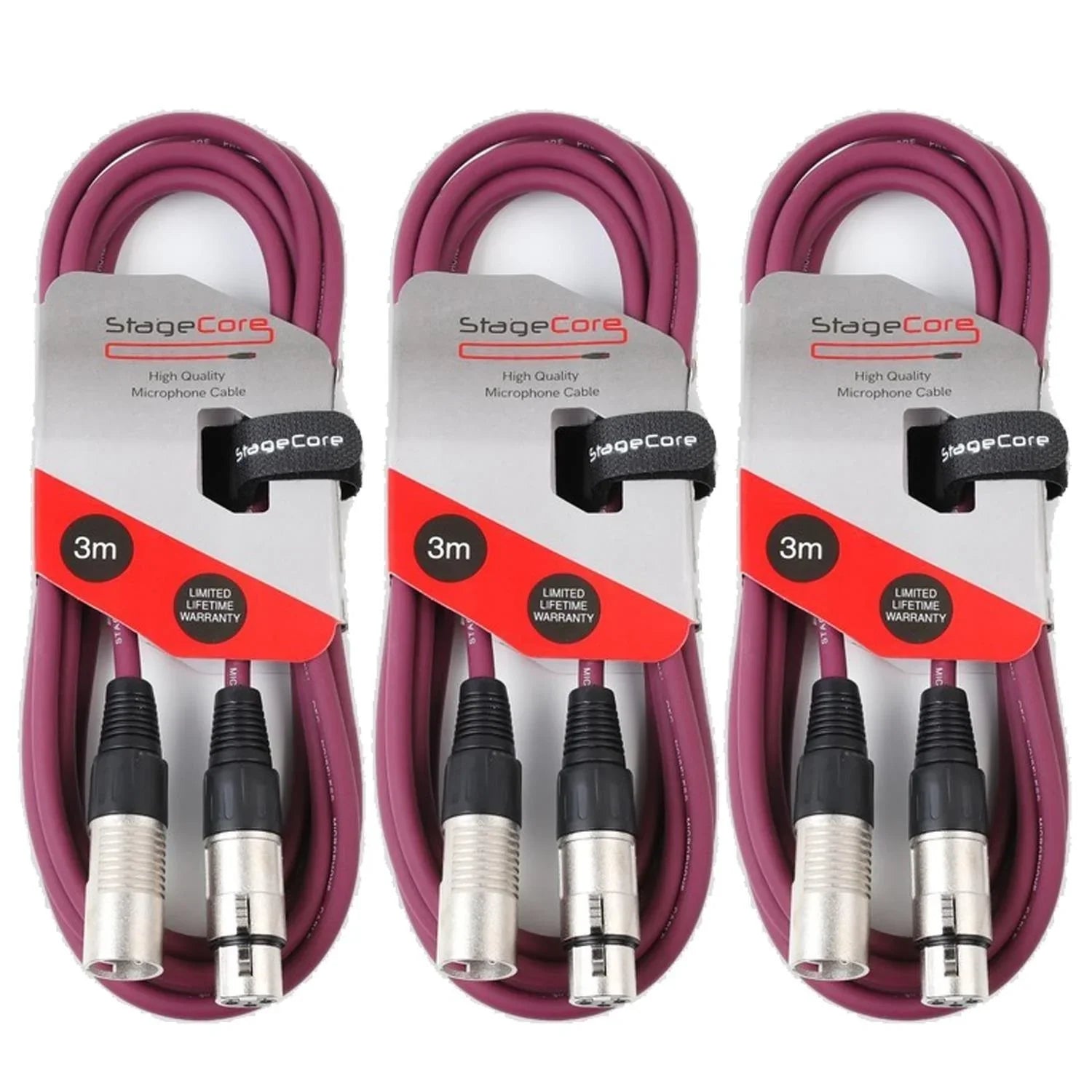 3 x Stagecore CORE 350 3m Purple XLR Microphone Cable - DY Pro Audio