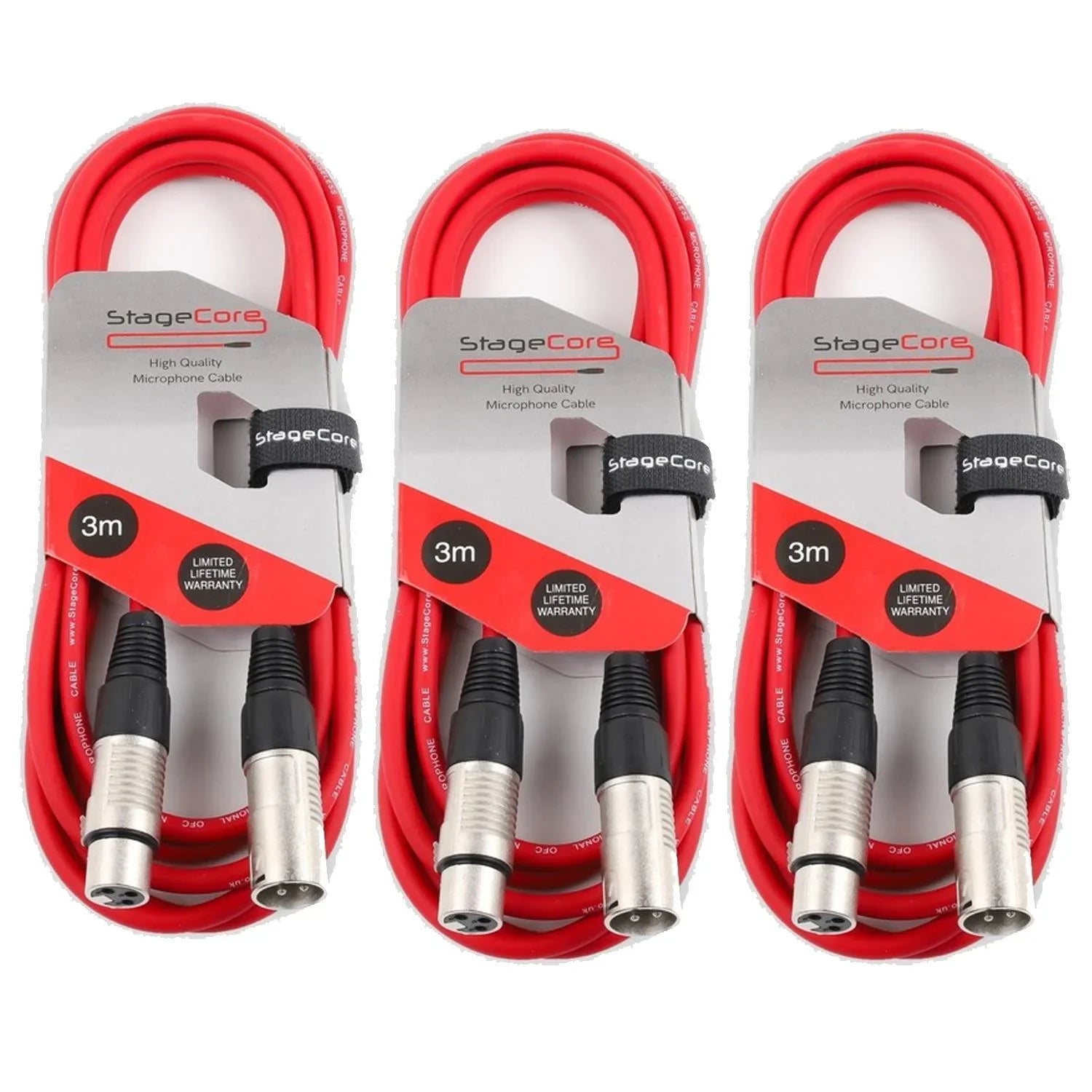 3 x Stagecore CORE 350 3m Red XLR Microphone Cable - DY Pro Audio