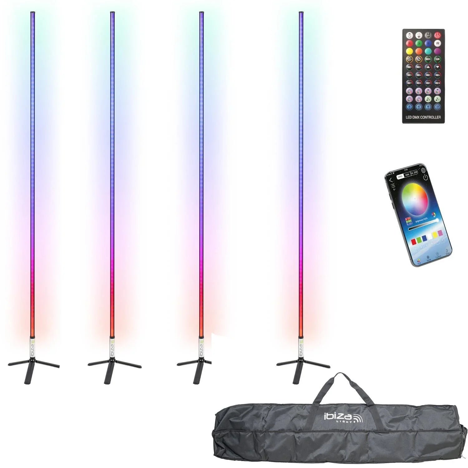 4 x Ibiza Magic Colour Stick 1.5m Black RGB Light Tube with Carry Bag - DY Pro Audio