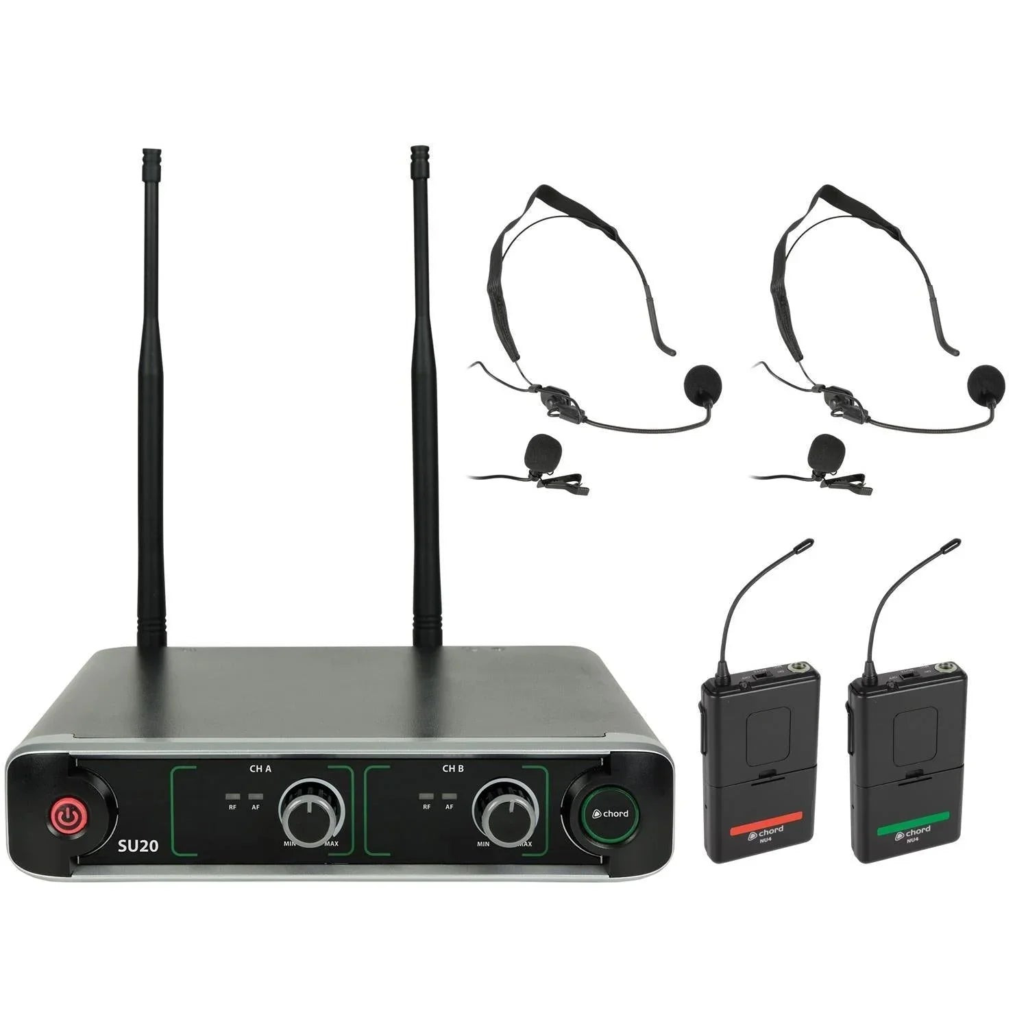 Chord SU20 Dual UHF Beltpack Microphone Set Red + Green - DY Pro Audio