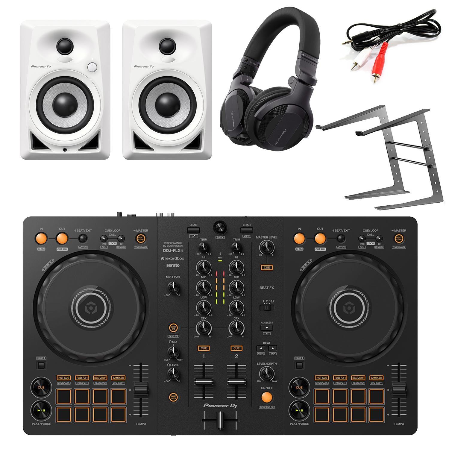 Pioneer DDJ-FLX4, DM-40 White, Laptop Stand & Headphones Bundle