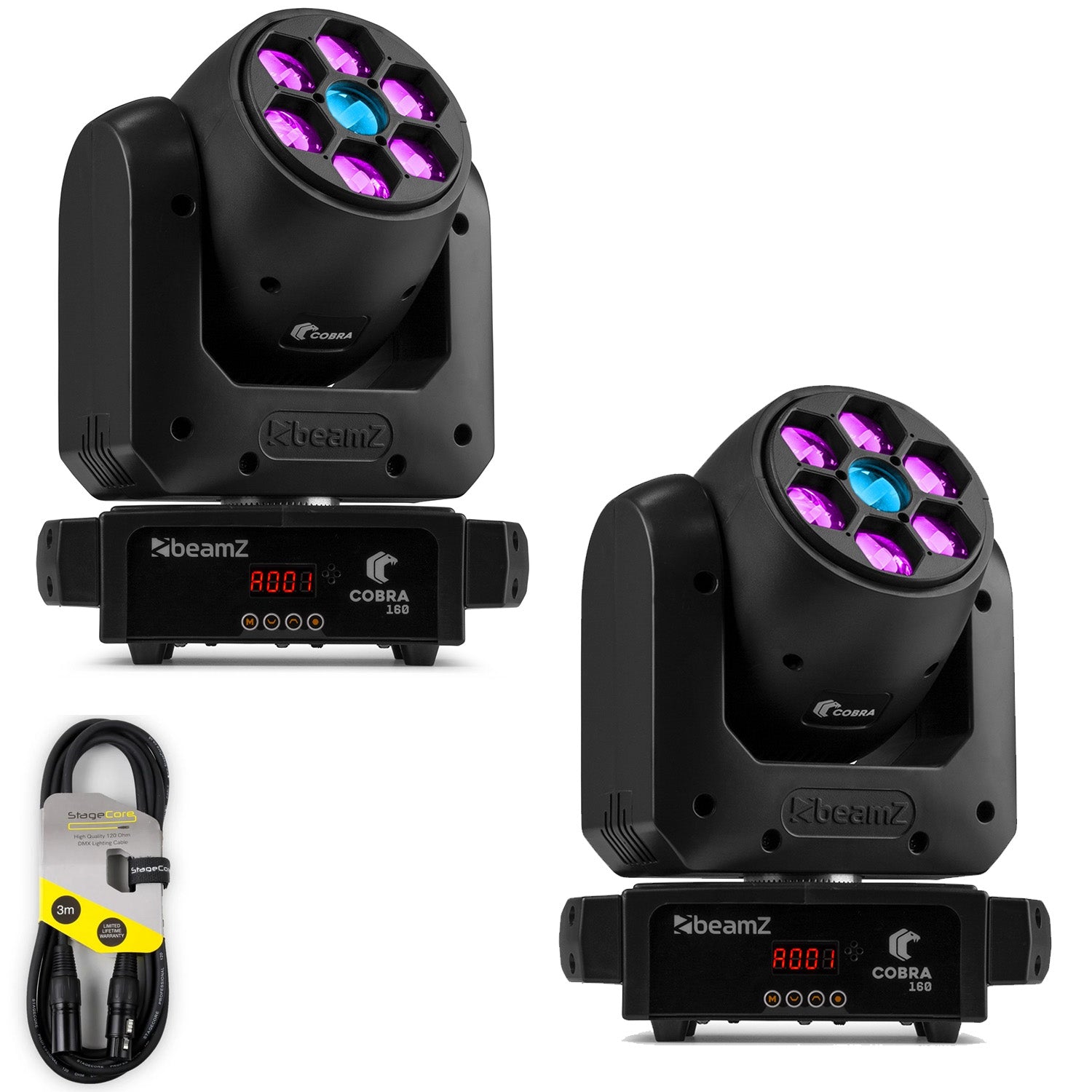 2 x Beamz Cobra 160 LED Spot Moving Head with Bee Eye with DMX Cable