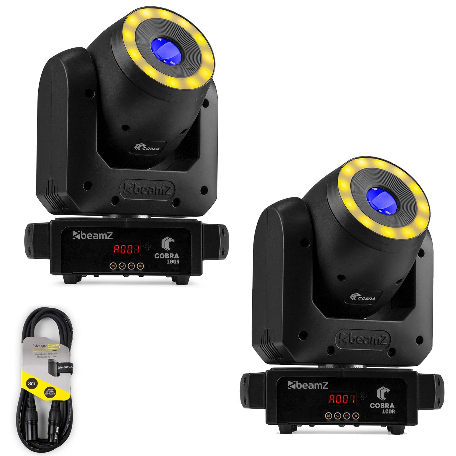 2 x Beamz Cobra 100R LED Spot Moving Head with Ring with DMX Cable