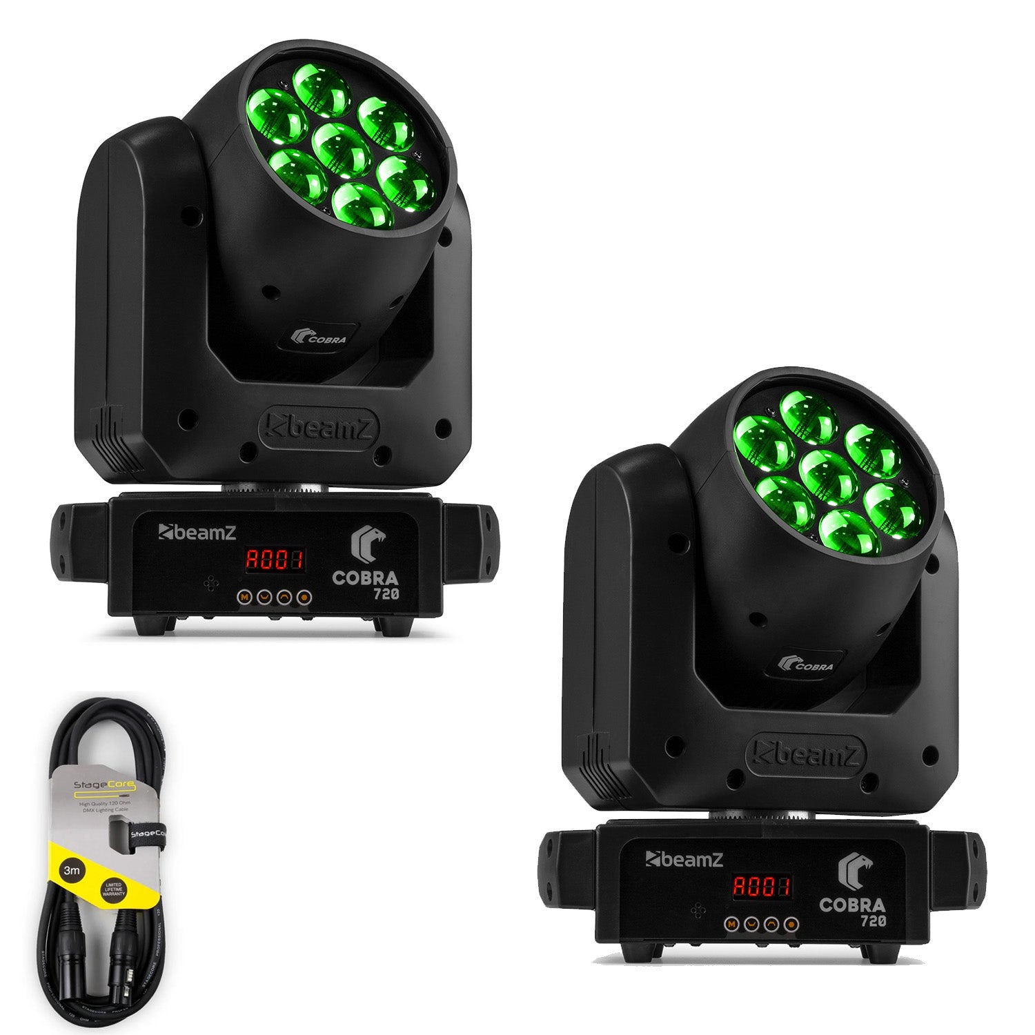 2 x Beamz Cobra 720 LED Wash Moving Head with Zoom with DMX Cable