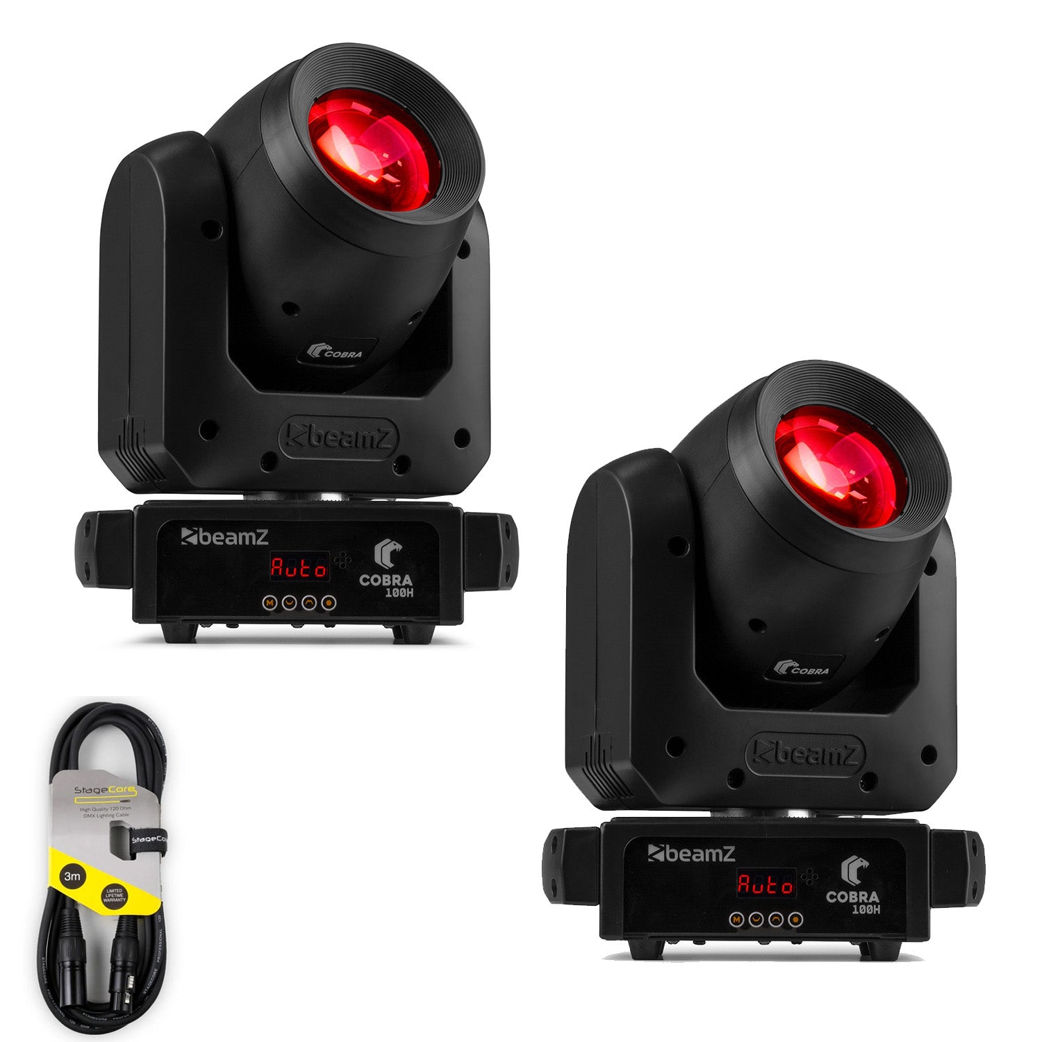 2 x Beamz Cobra 100H LED Beam Moving Head with Prism with DMX Cable