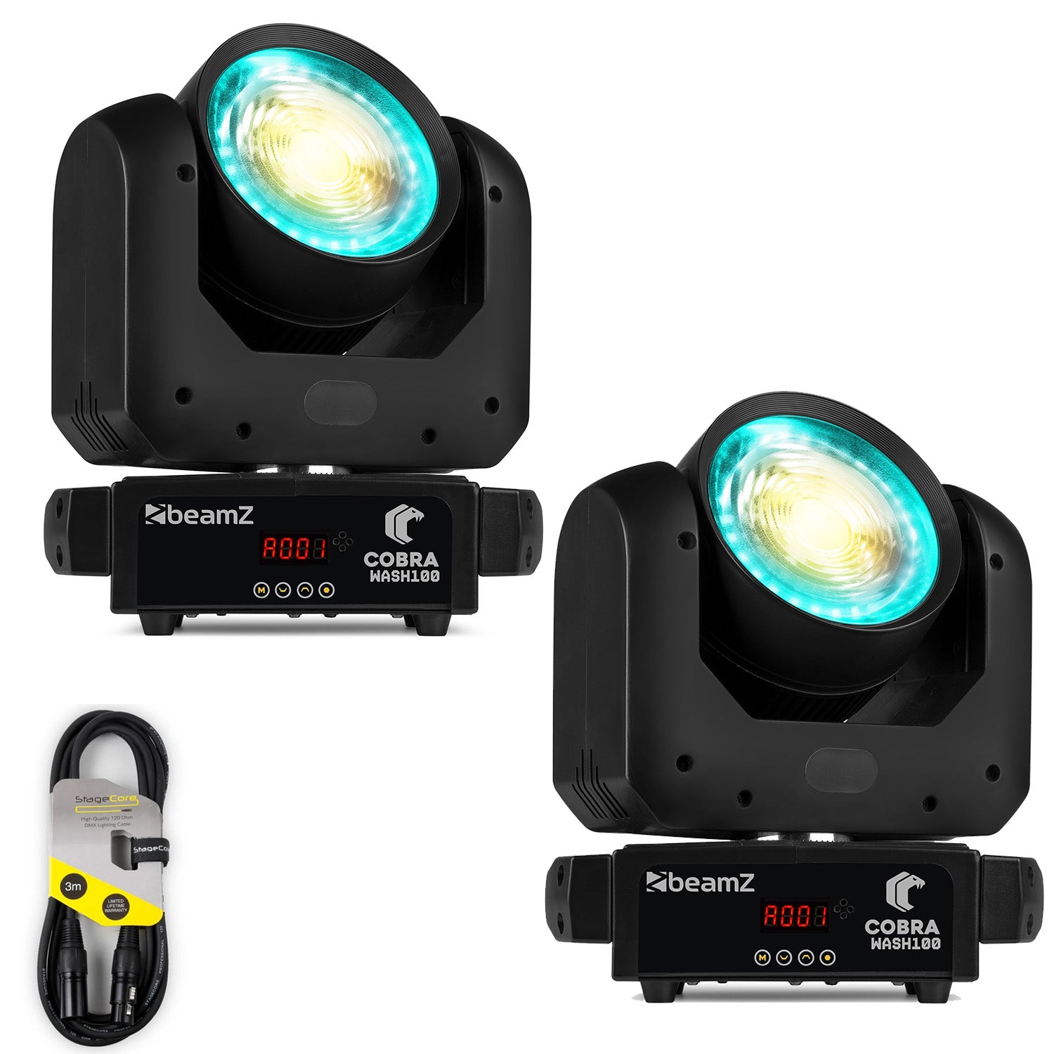 2 x Beamz Cobra Wash100 LED Moving Head CW/WW with LED Ring with DMX Cable