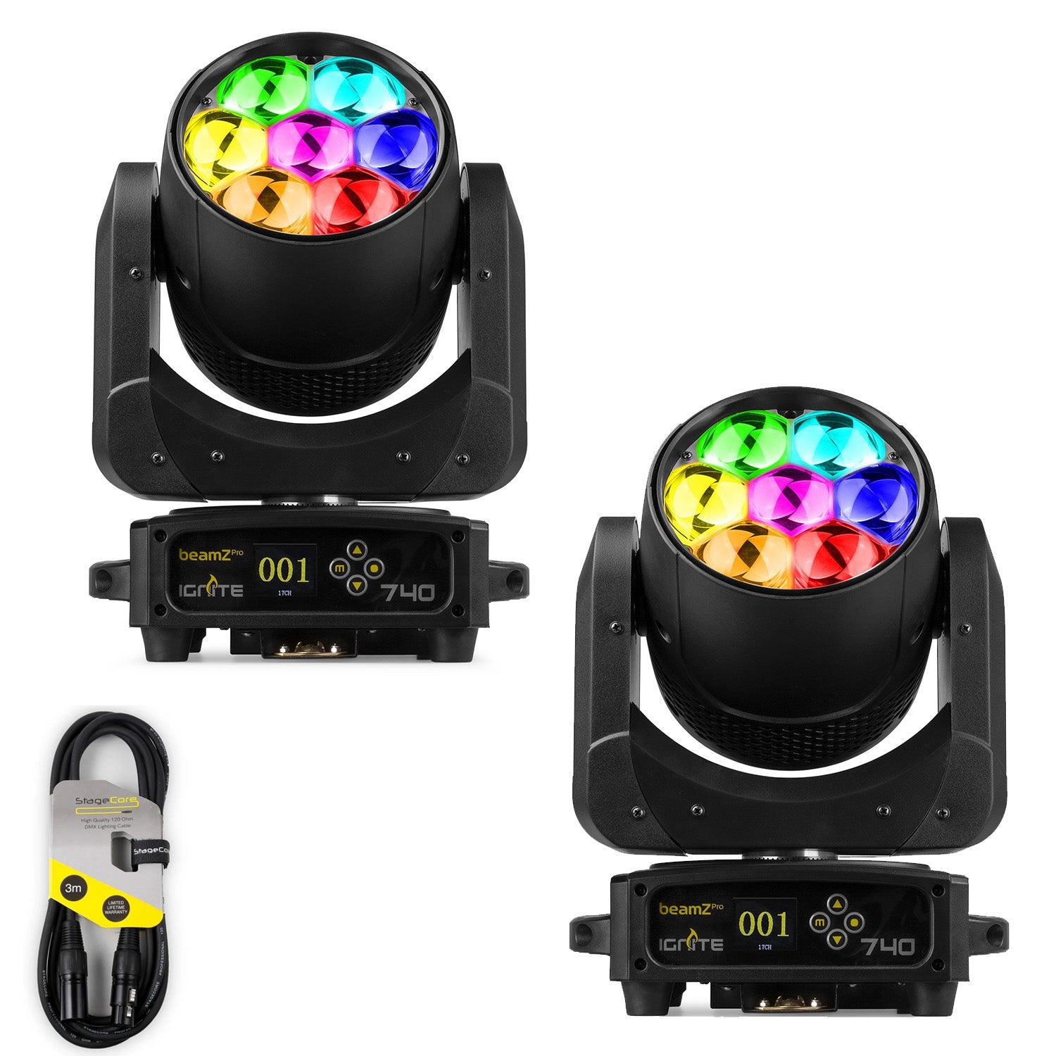 2 x Beamz IGNITE740 LED Wash Moving Head with Zoom with DMX Cable