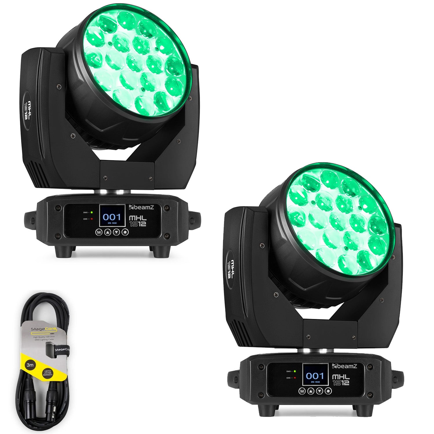 2 x Beamz Pro MHL1912 LED Wash Moving Head with Zoom with DMX Cable