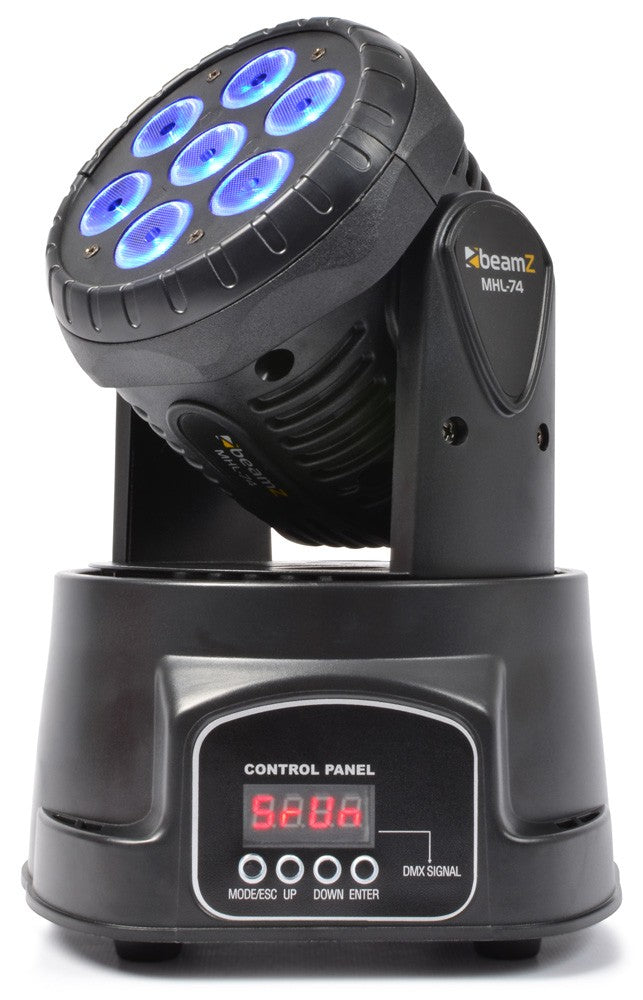 2 x Beamz MHL74 LED Wash Moving Head 7x10W Black with DMX Cable