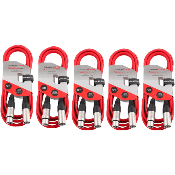 5 x Stagecore 3m Red XLR Microphone Cable
