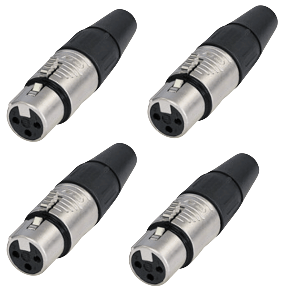 Pack of 4 Rean RC3F Female XLR Silver Connectors for professional audio equipment.