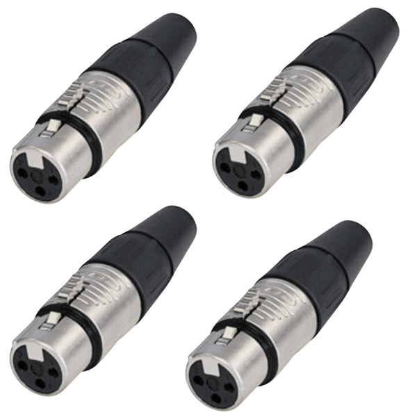 Pack of 4 Rean RC3F Female XLR Silver Connectors for professional audio equipment.