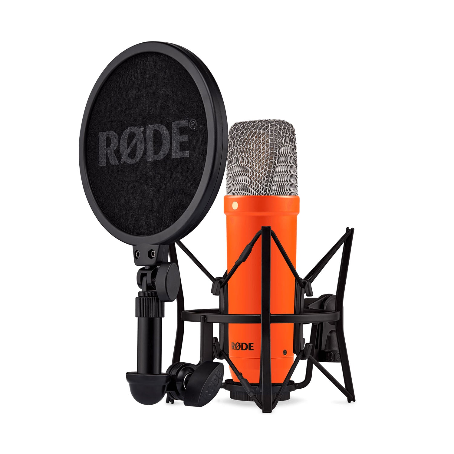 RØDE NT1 Signature Series condenser microphone in bright orange with shock mount and pop filter