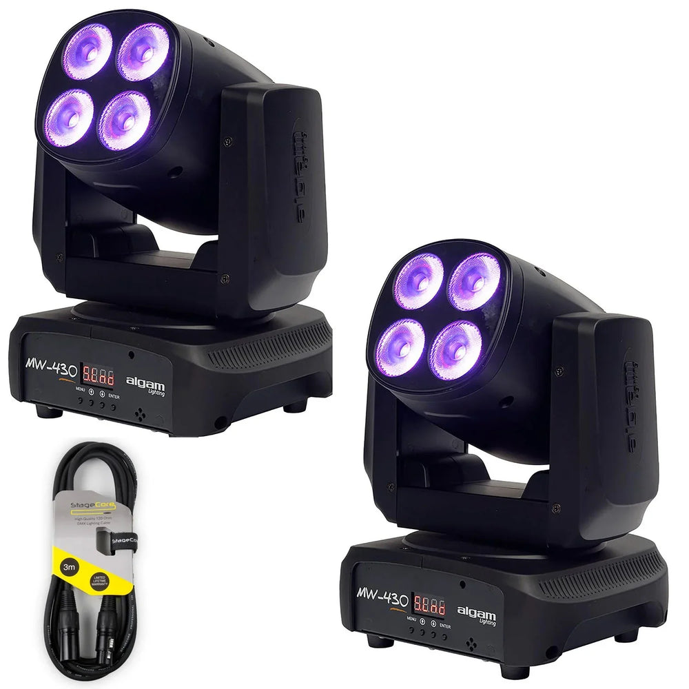 2 x Algam Lighting MW430 4 x 30W RGBW LED Wash Moving Head With DMX Cable