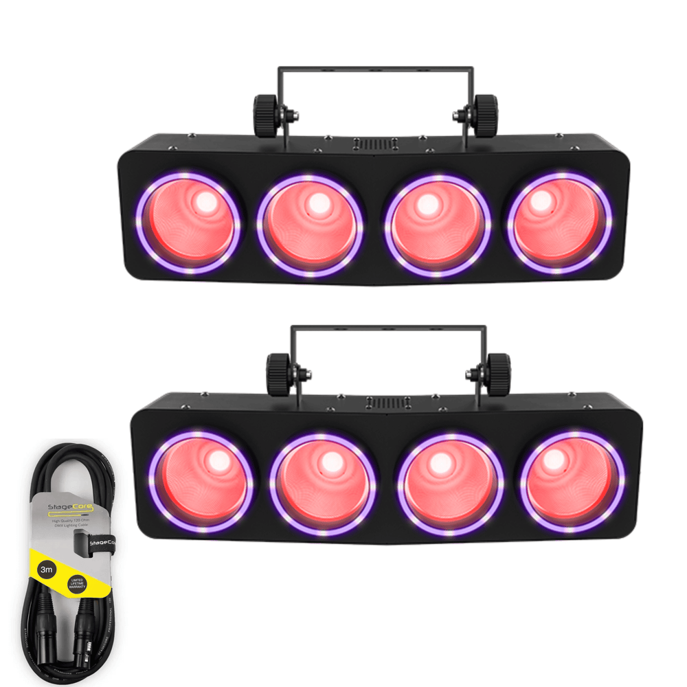Two Chauvet DJ Bank 2 RGBW LED wash and ring effect lights with a 3m DMX cable